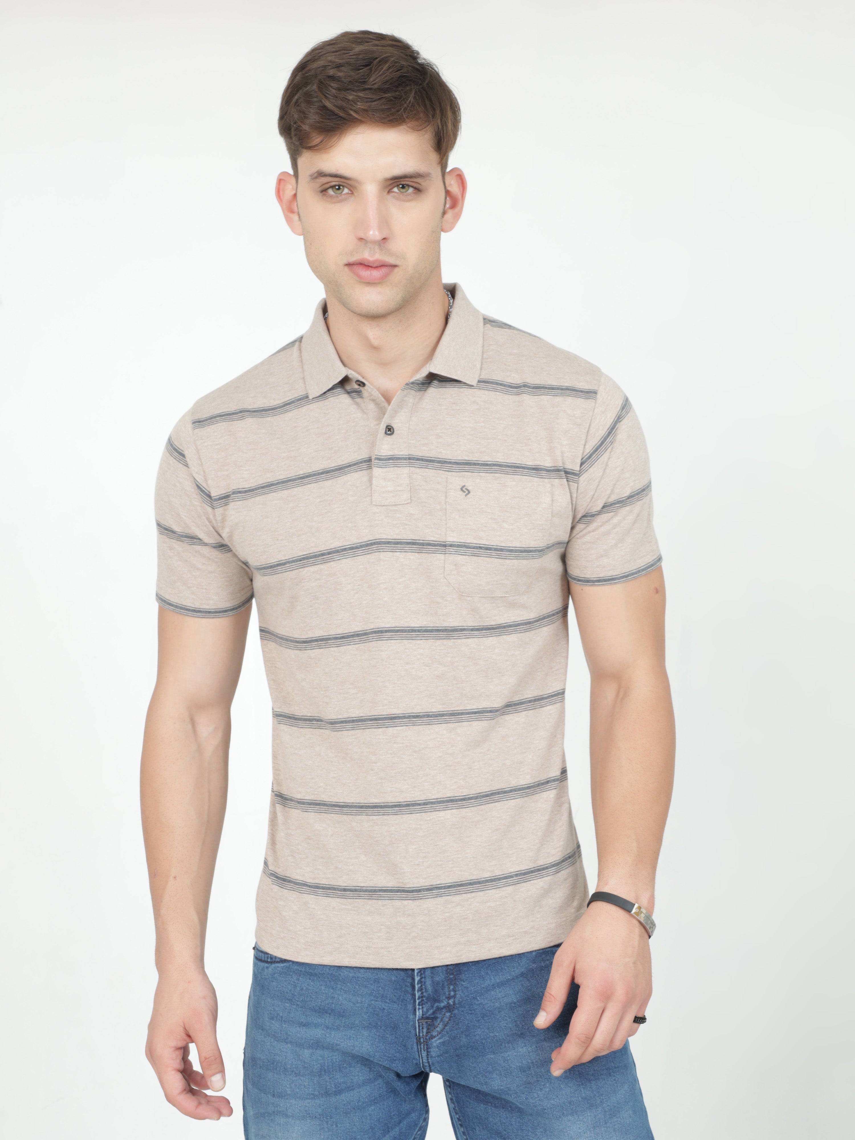 Classic Polo Mens Casual Beige Melange Striped Cotton T-Shirt | F-AVON - 115 A AF P