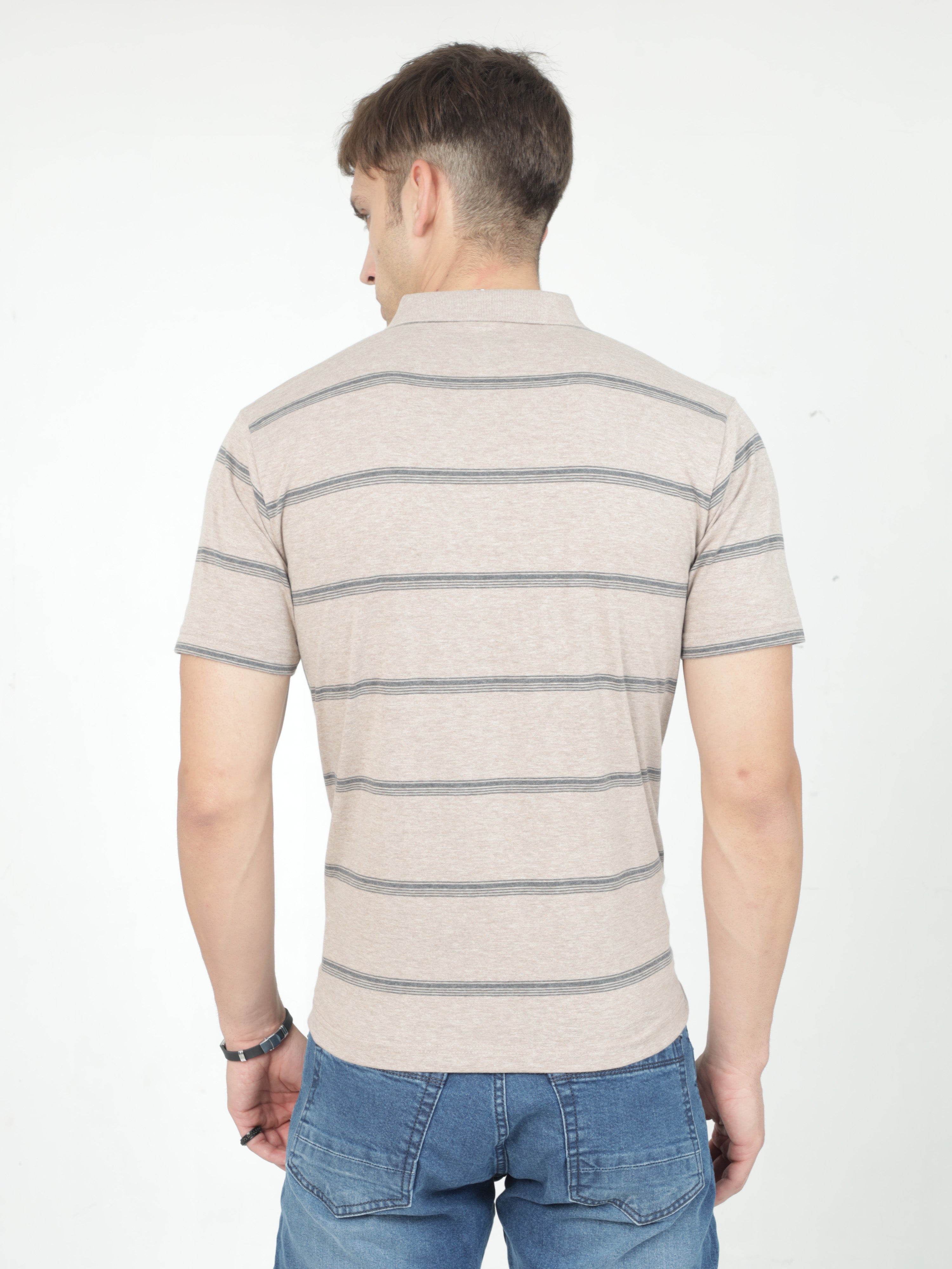 Classic Polo Mens Casual Beige Melange Striped Cotton T-Shirt | F-AVON - 115 A AF P