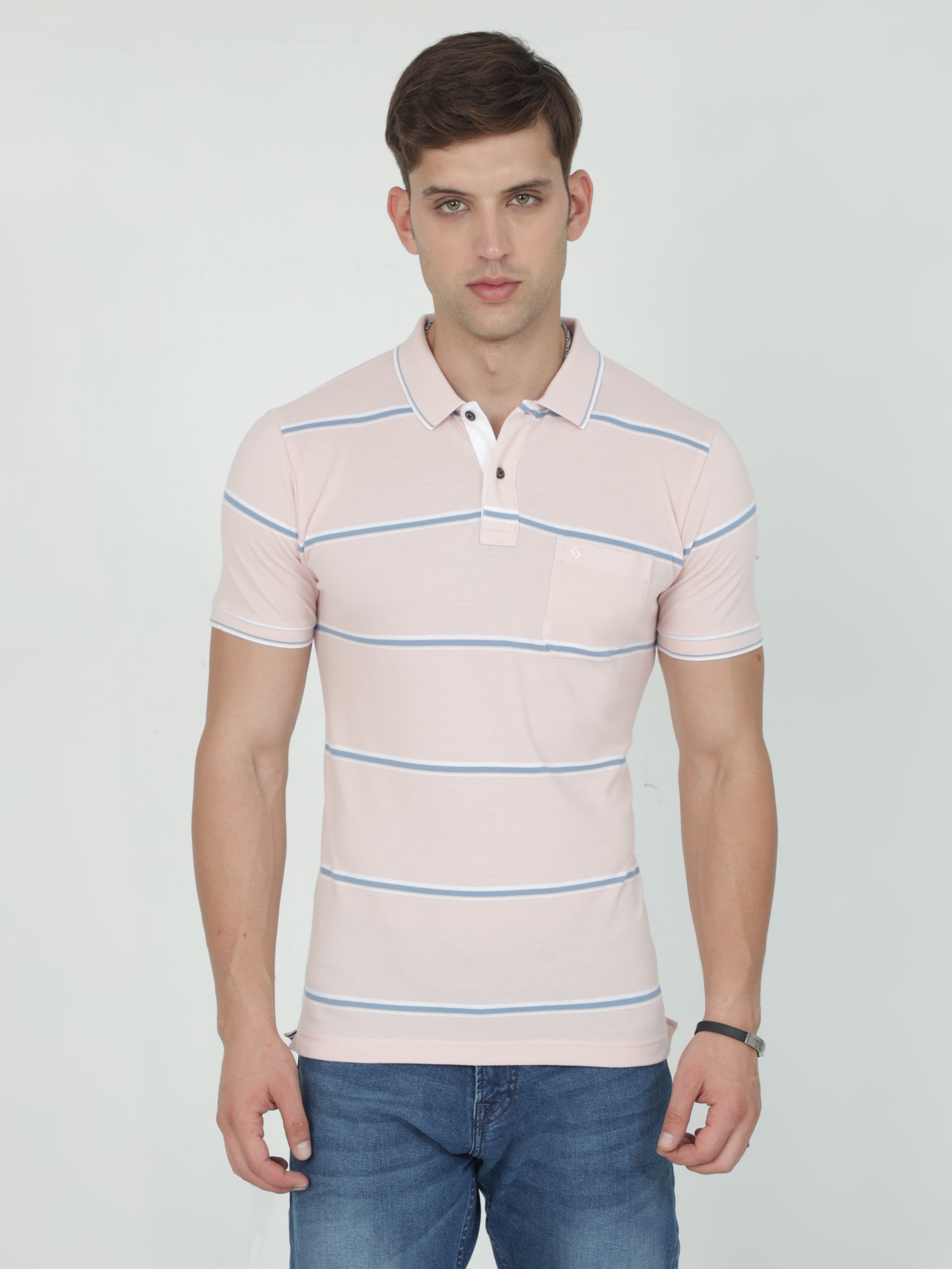 Classic Polo Mens Casual Lt.Peach Striped Cotton T-Shirt | F-ADORE - 106 B SF P