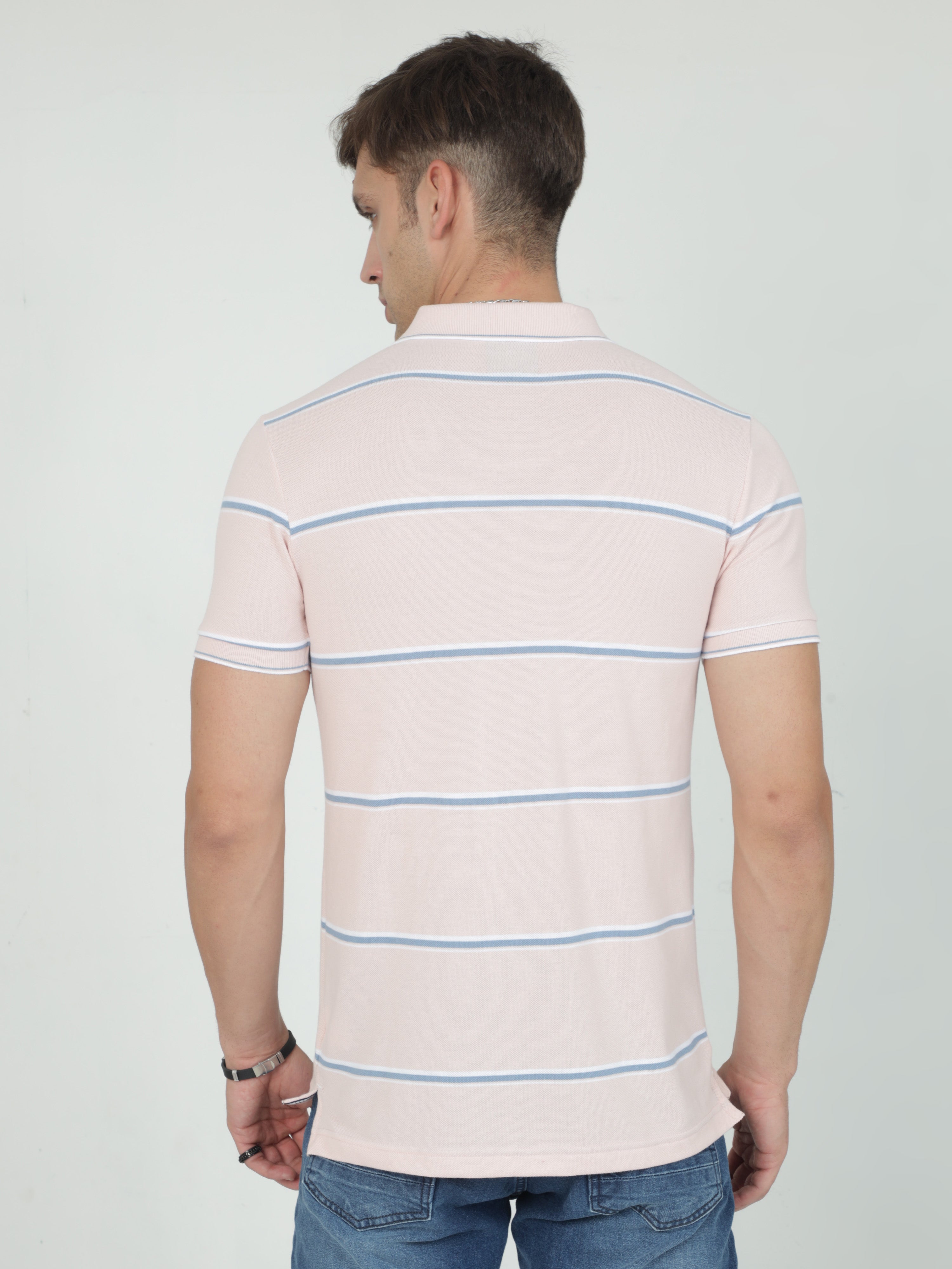 Classic Polo Mens Casual Lt.Peach Striped Cotton T-Shirt | F-ADORE - 106 B SF P