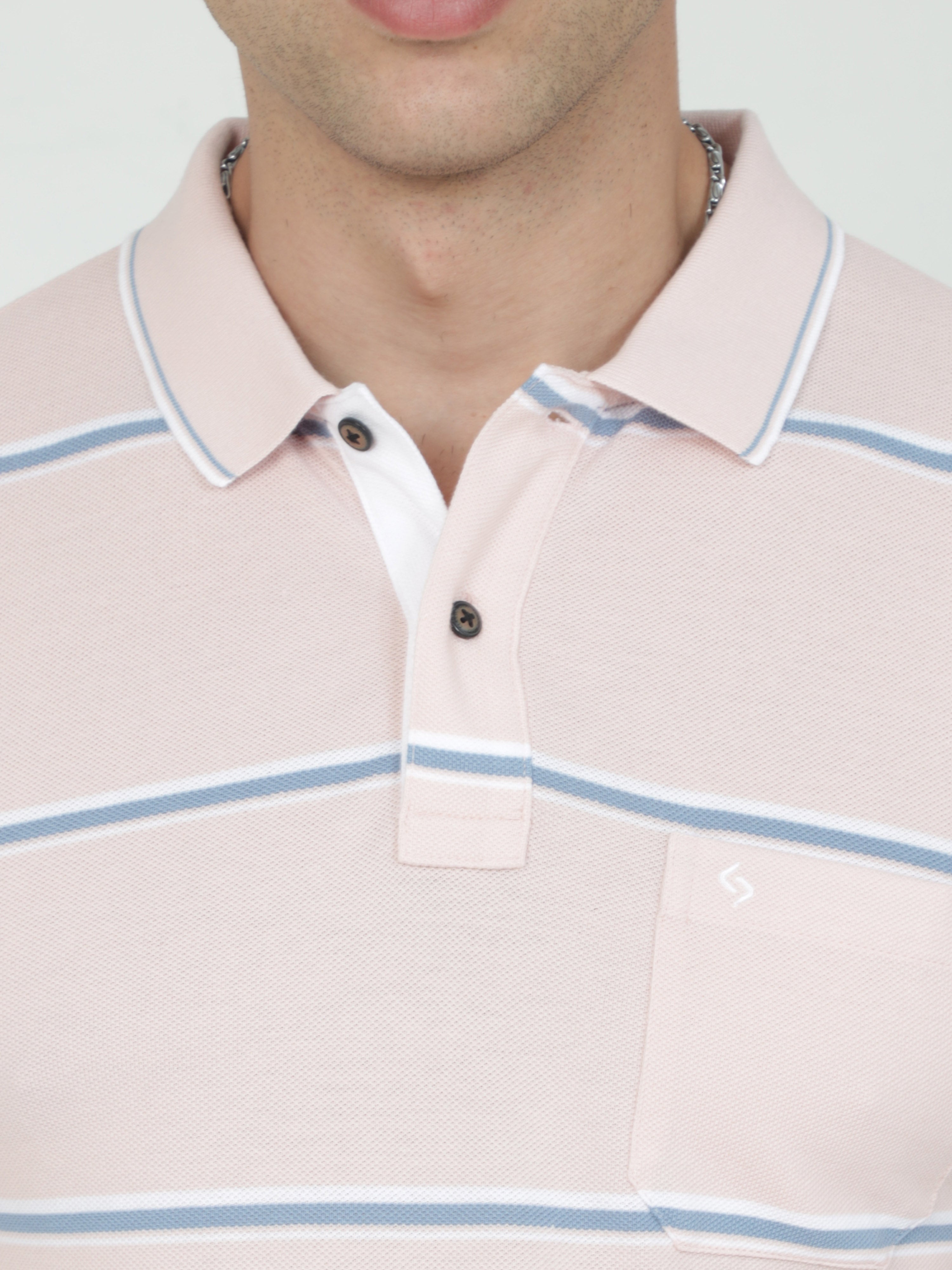Classic Polo Mens Casual Lt.Peach Striped Cotton T-Shirt | F-ADORE - 106 B SF P