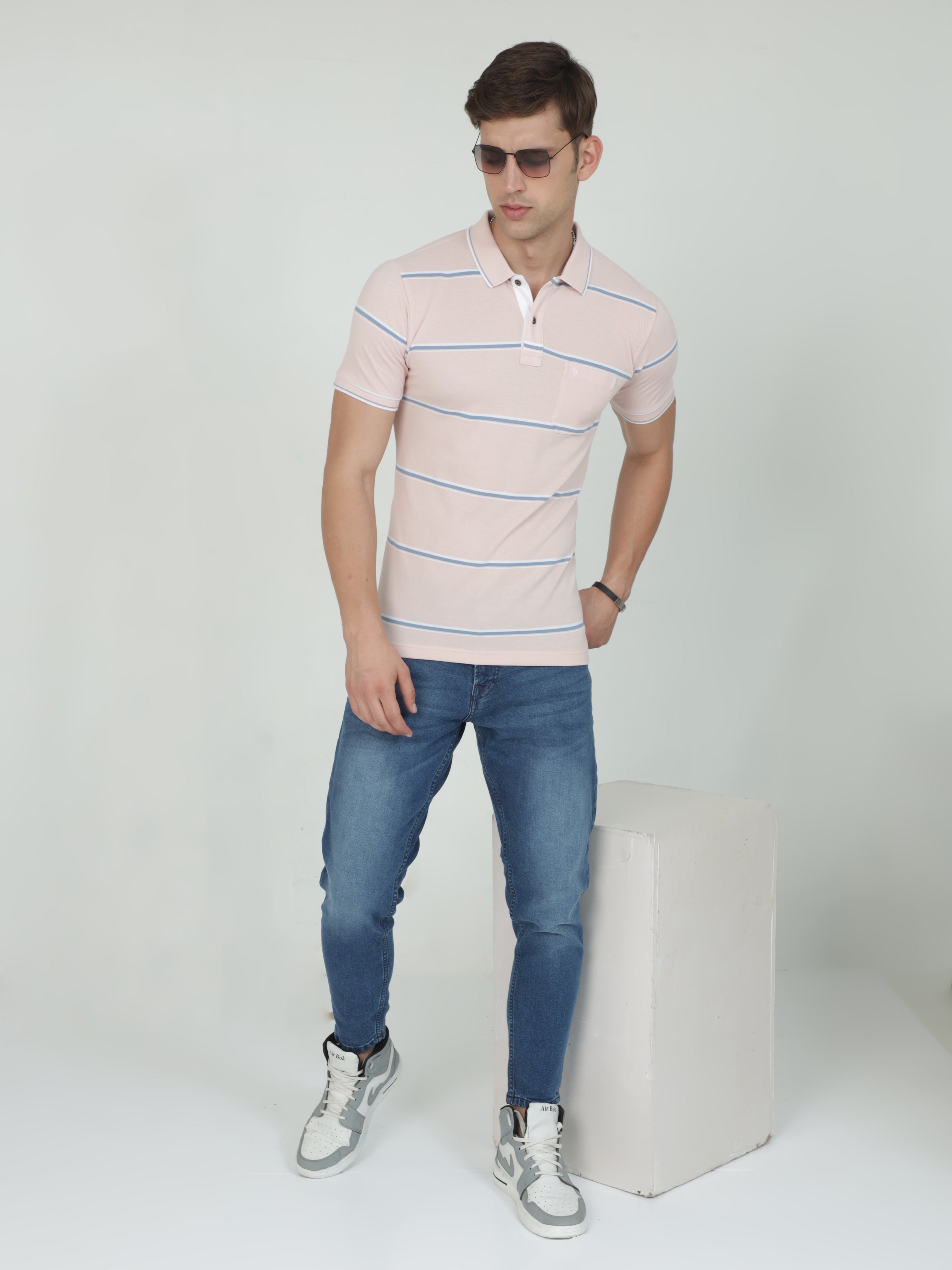 Classic Polo Mens Casual Lt.Peach Striped Cotton T-Shirt | F-ADORE - 106 B SF P