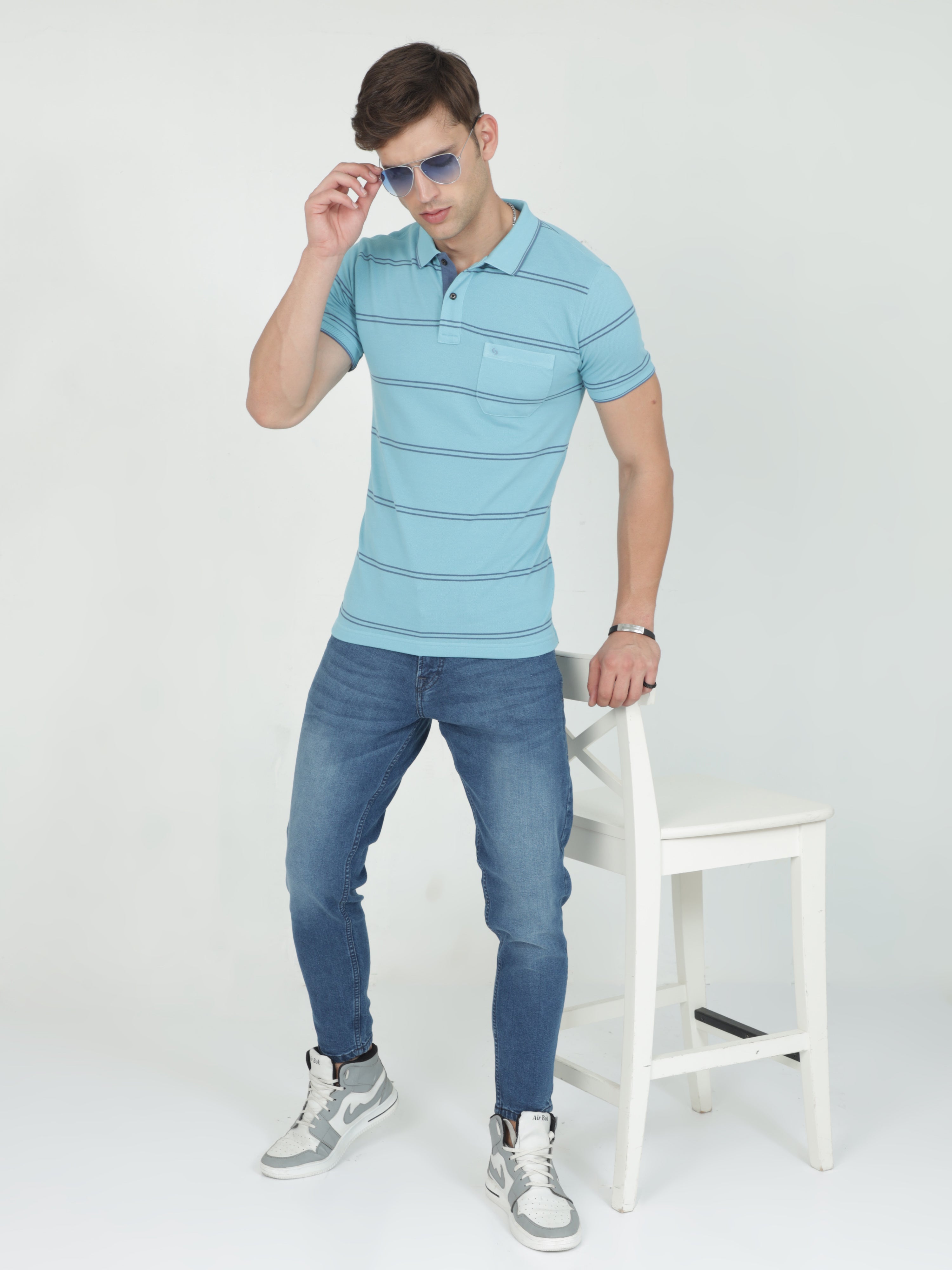 Classic Polo Mens Casual Blue Striped Cotton T-Shirt | F-ADORE - 101 B SF P