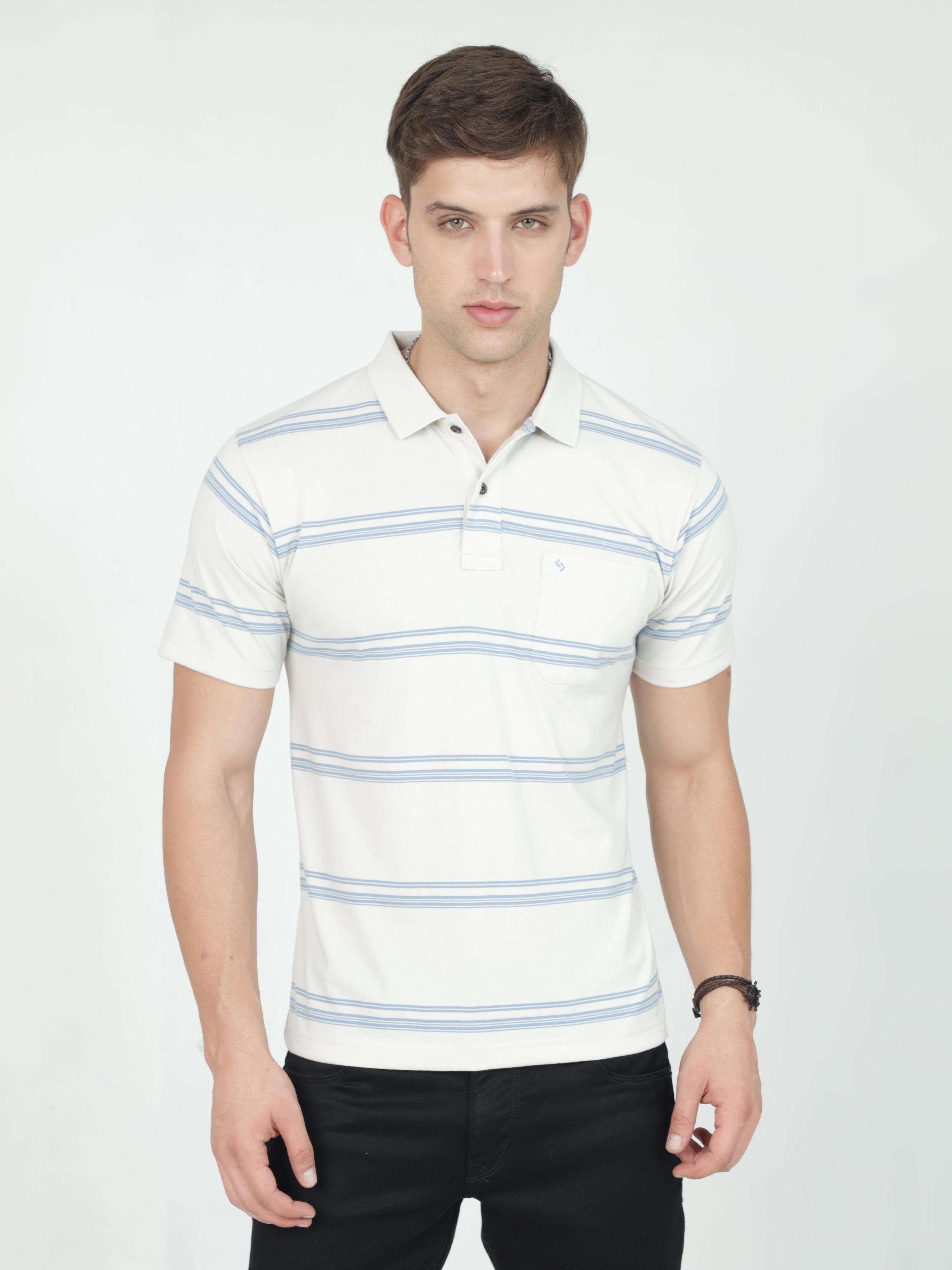 Classic Polo Mens Casual White Striped Cotton T-Shirt | F-AVON - 114 B AF P