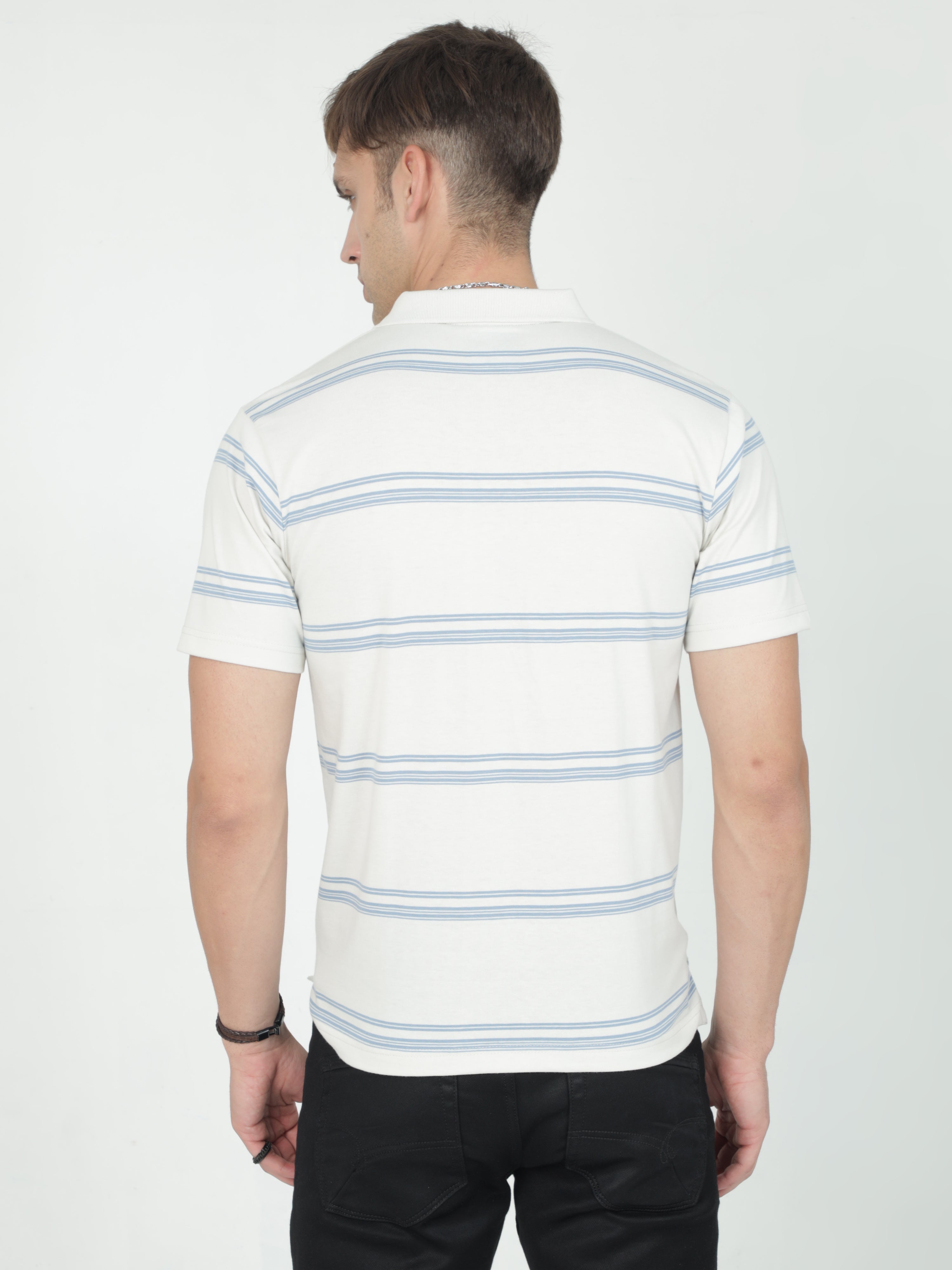 Classic Polo Mens Casual White Striped Cotton T-Shirt | F-AVON - 114 B AF P