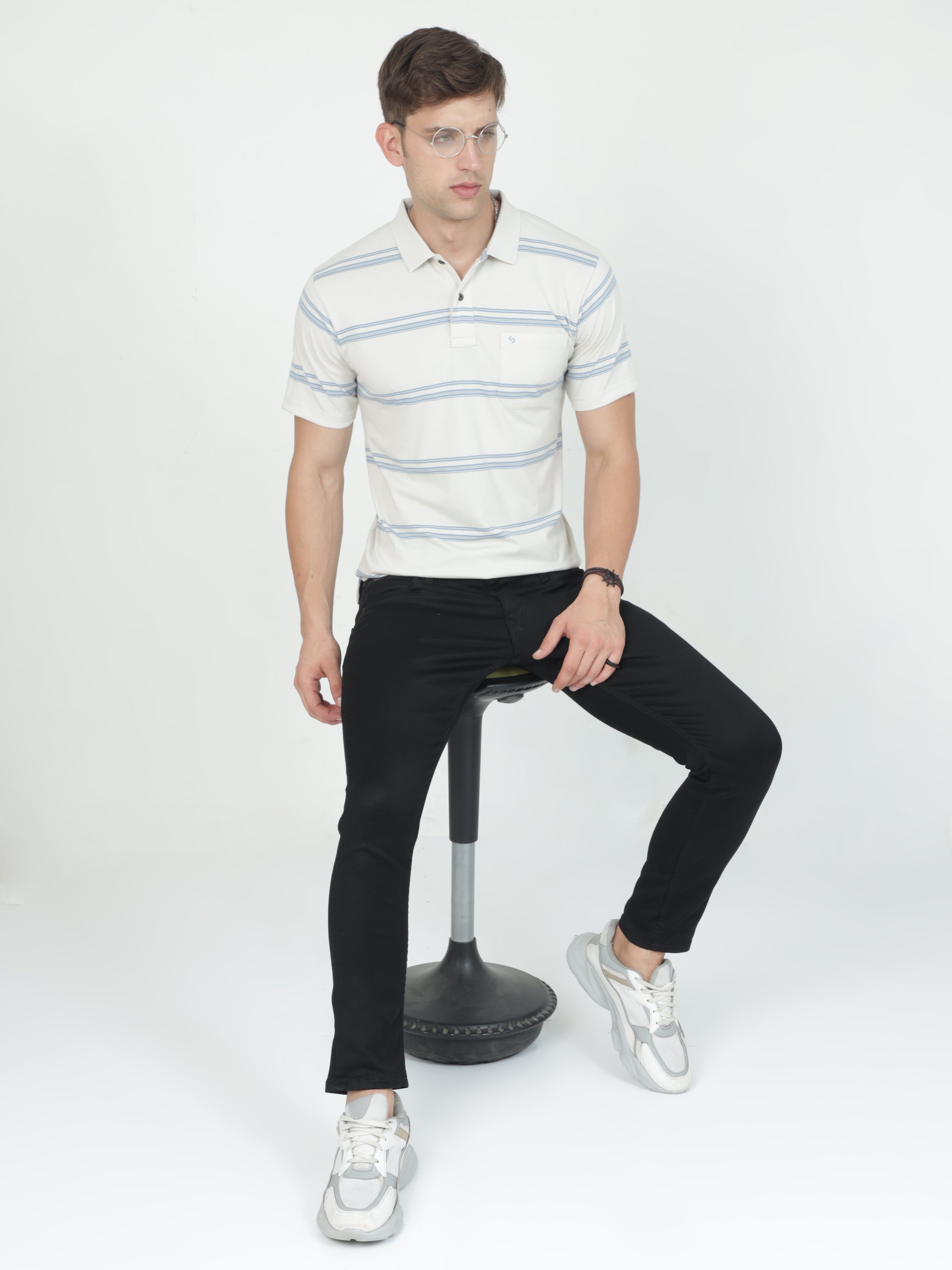 Classic Polo Mens Casual White Striped Cotton T-Shirt | F-AVON - 114 B AF P