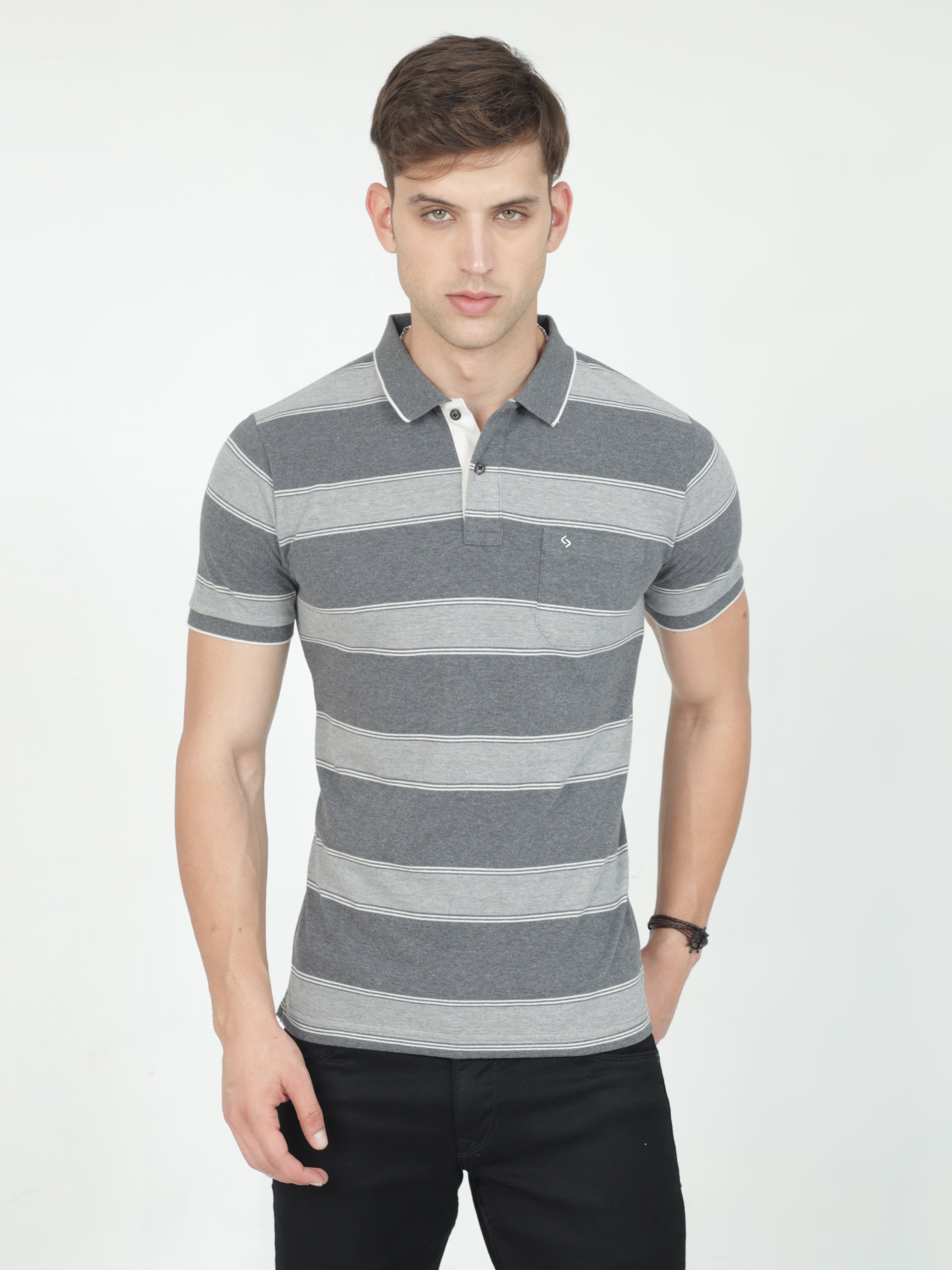 Classic Polo Mens Casual Grey Striped Cotton T-Shirt | F-ADORE - 110 B SF P