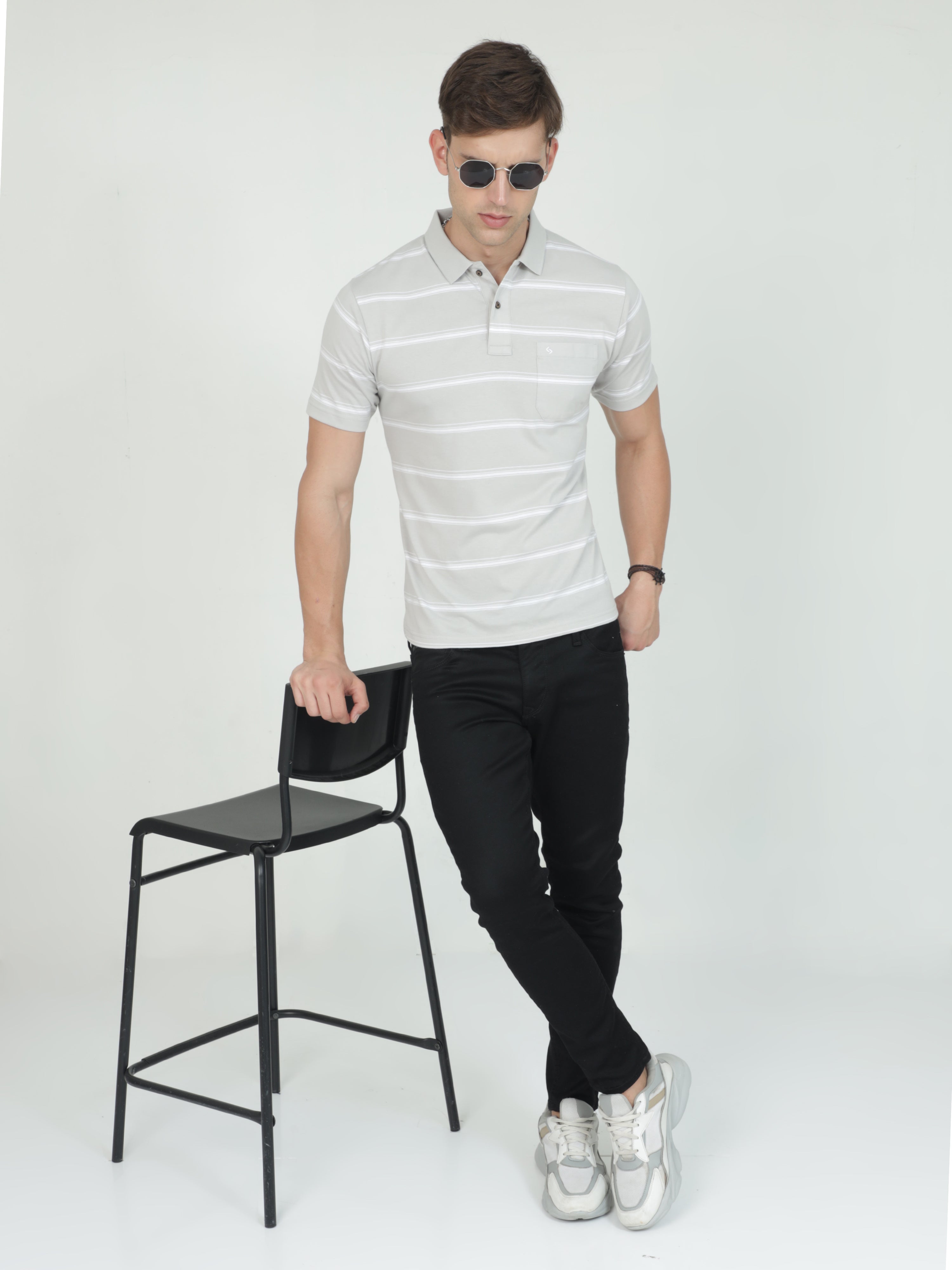 Classic Polo Mens Casual Grey Striped Cotton T-Shirt | F-AVON - 113 A AF P
