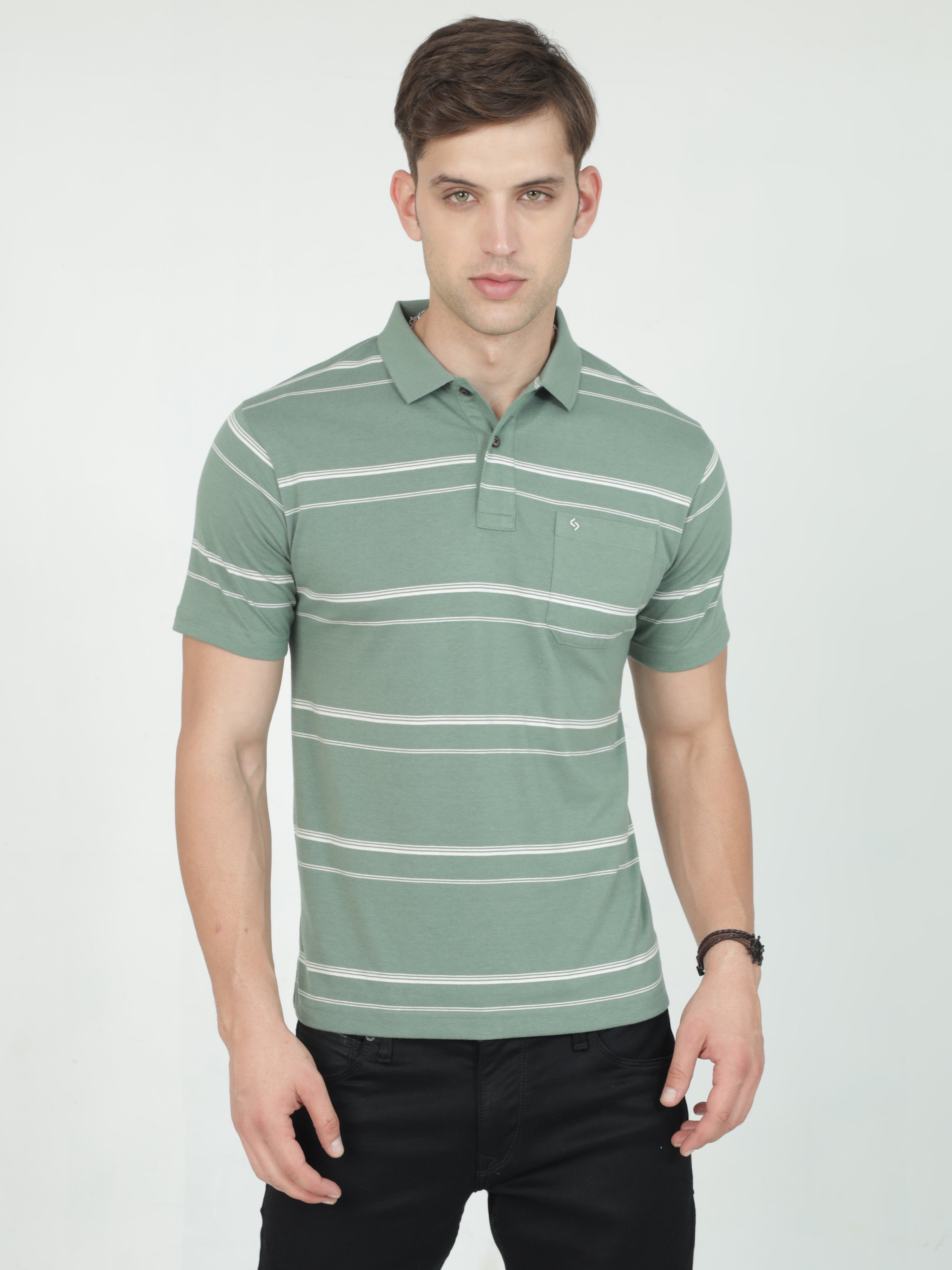 Classic Polo Mens Casual Green Striped Cotton T-Shirt | F-AVON - 116 B AF P