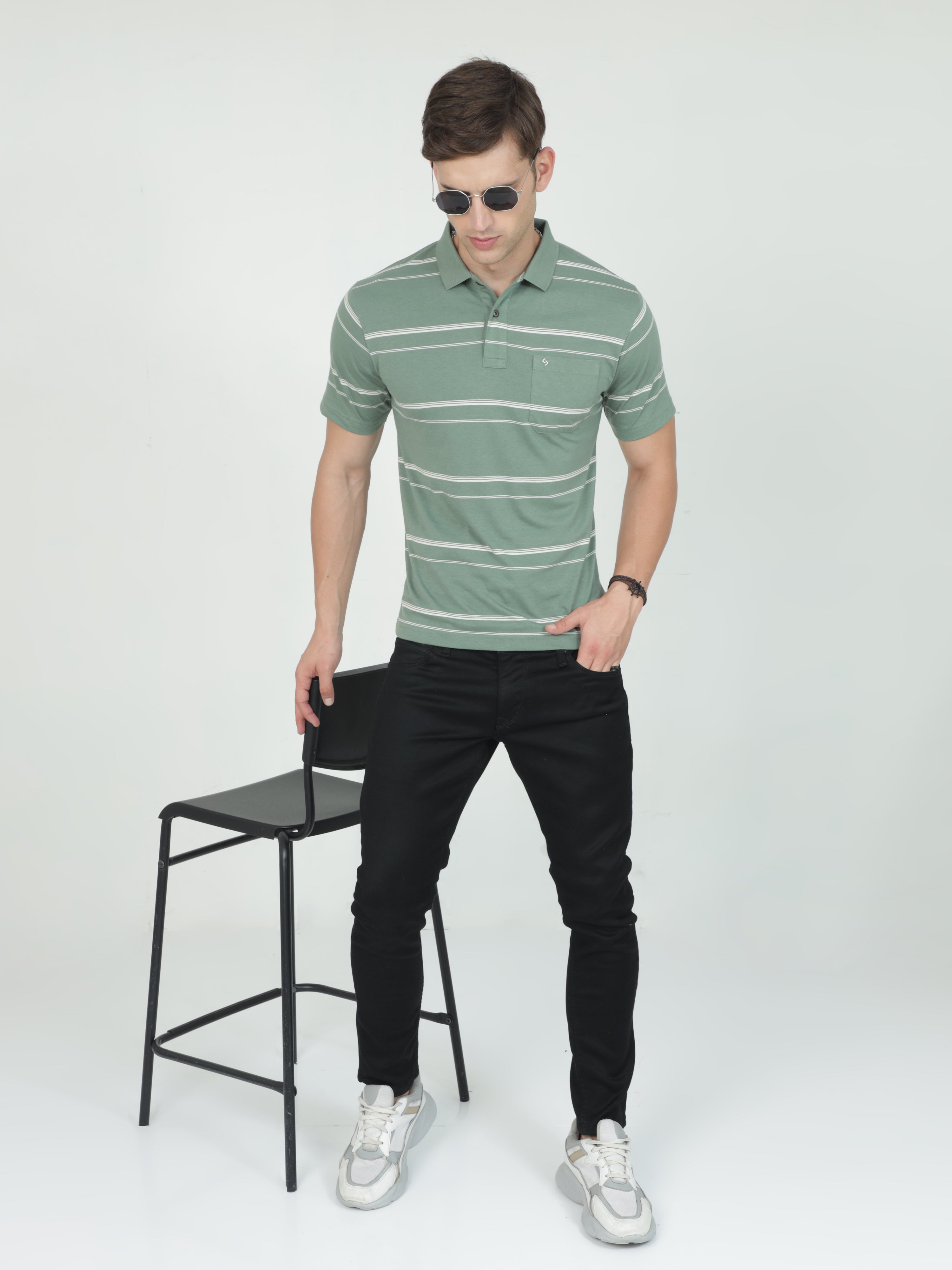 Classic Polo Mens Casual Green Striped Cotton T-Shirt | F-AVON - 116 B AF P