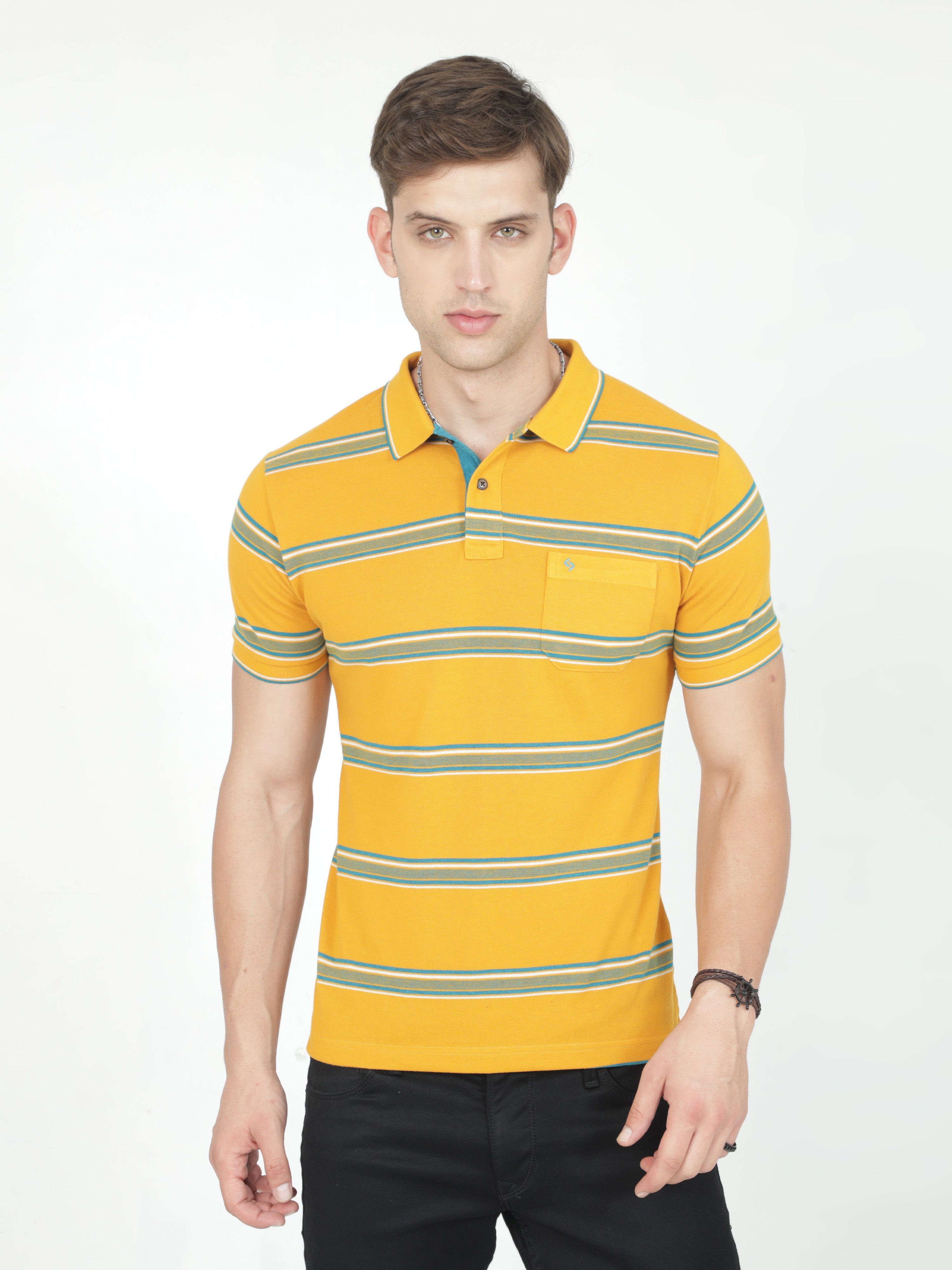 Classic Polo Mens Casual Mustard Striped Cotton T-Shirt | F-ADORE - 103 A SF P