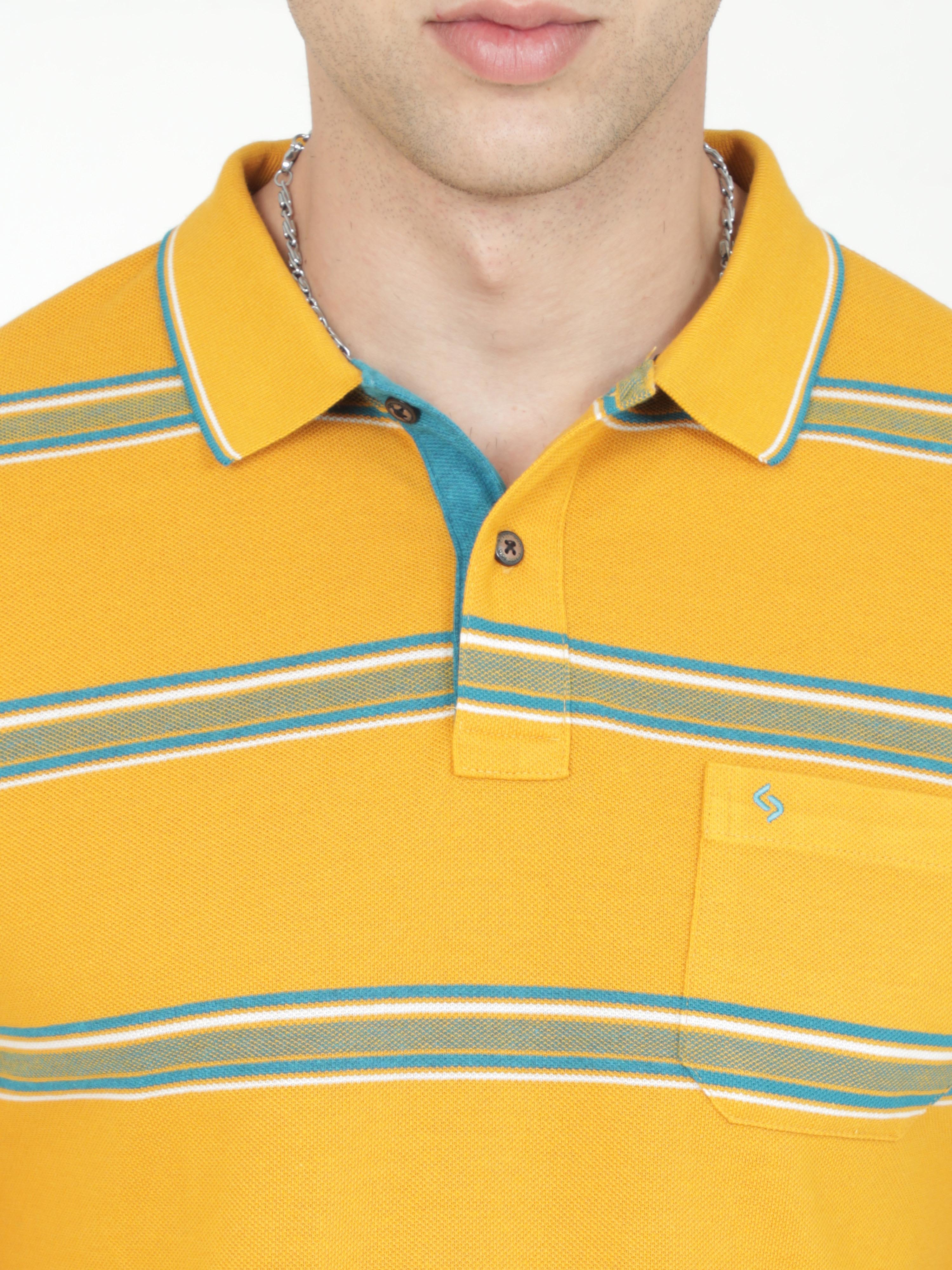 Classic Polo Mens Casual Mustard Striped Cotton T-Shirt | F-ADORE - 103 A SF P
