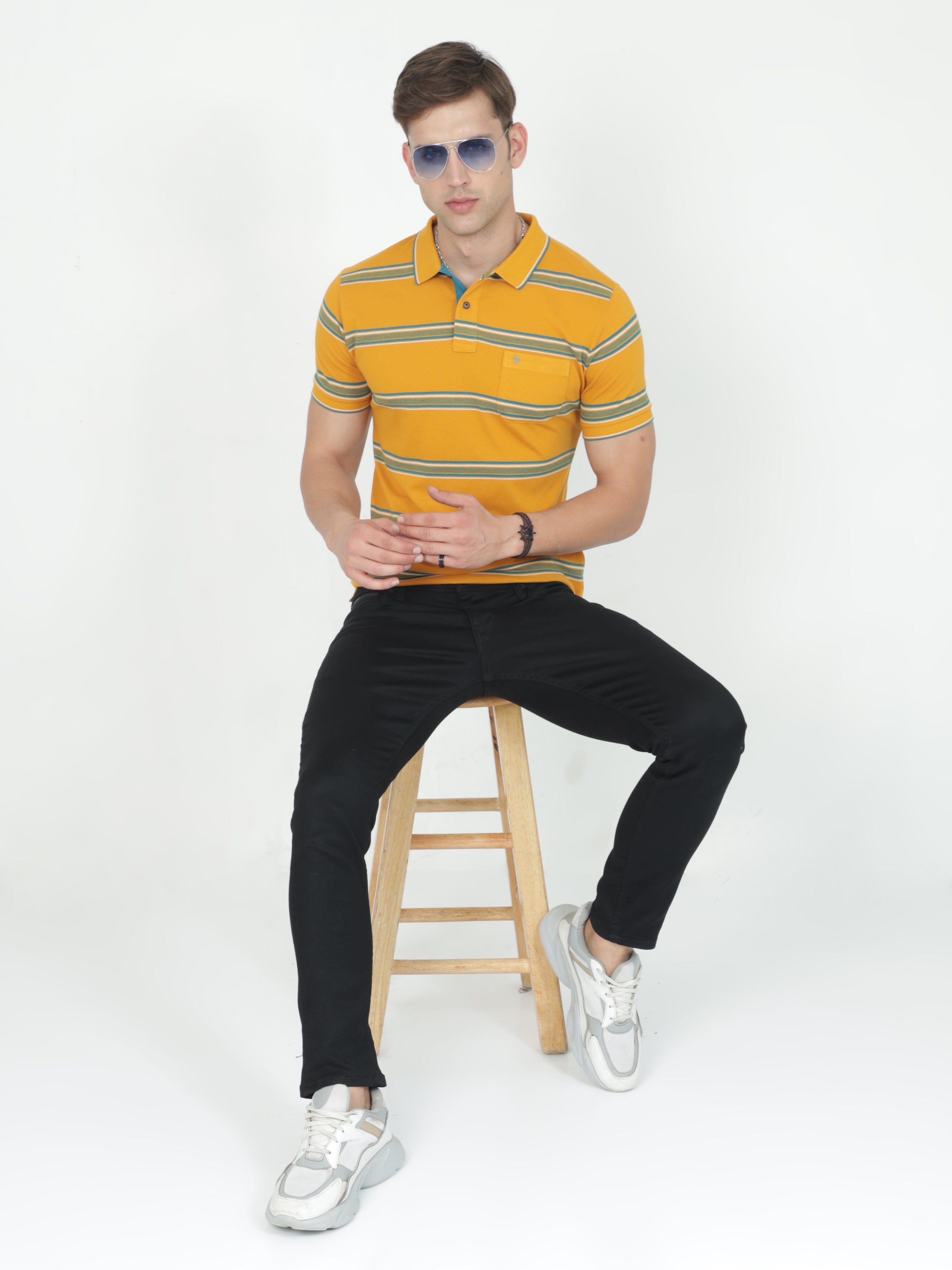 Classic Polo Mens Casual Mustard Striped Cotton T-Shirt | F-ADORE - 103 A SF P
