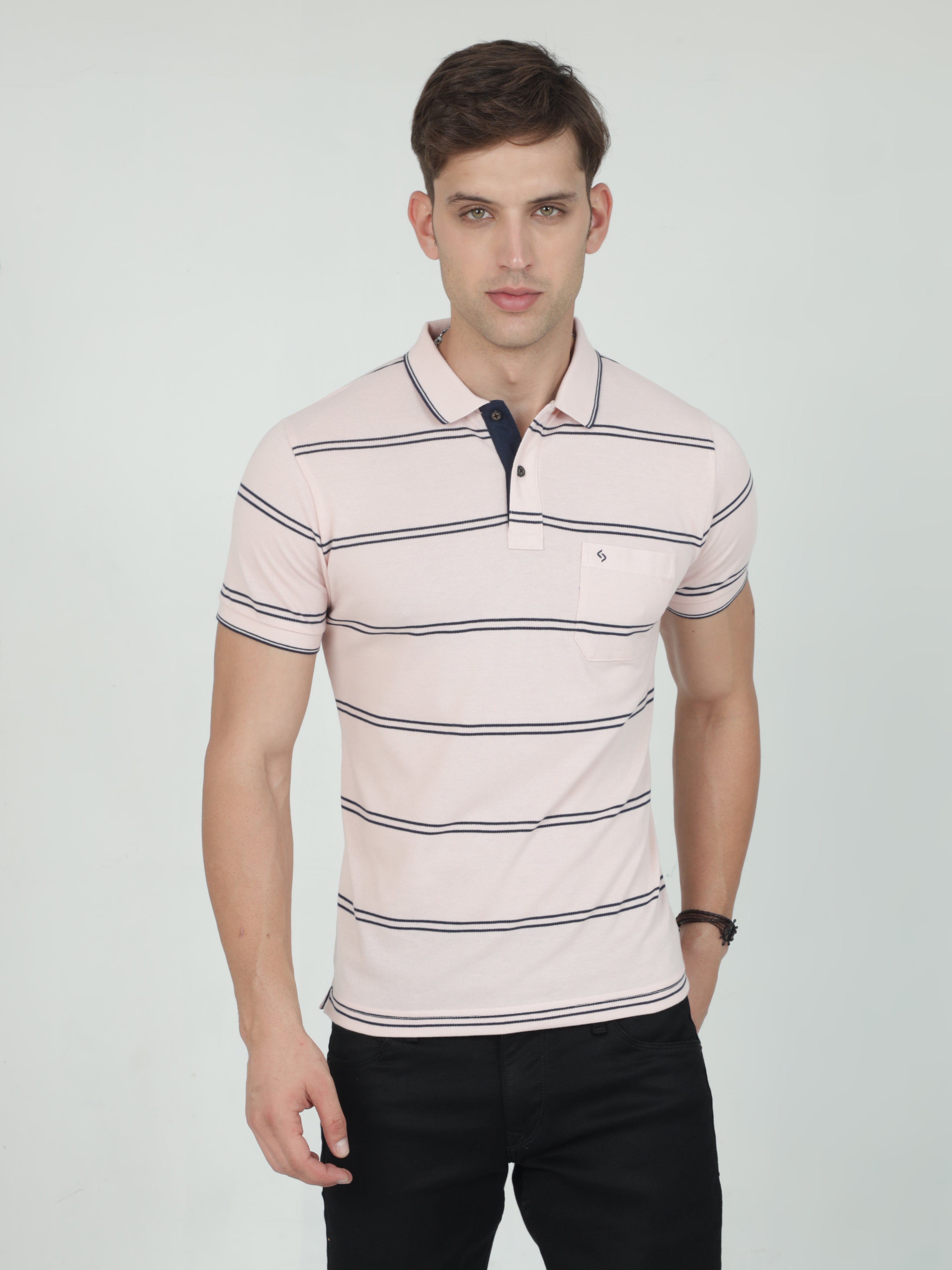 Classic Polo Mens Casual Lt.Peach Striped Cotton T-Shirt | F-ADORE - 101 A SF P