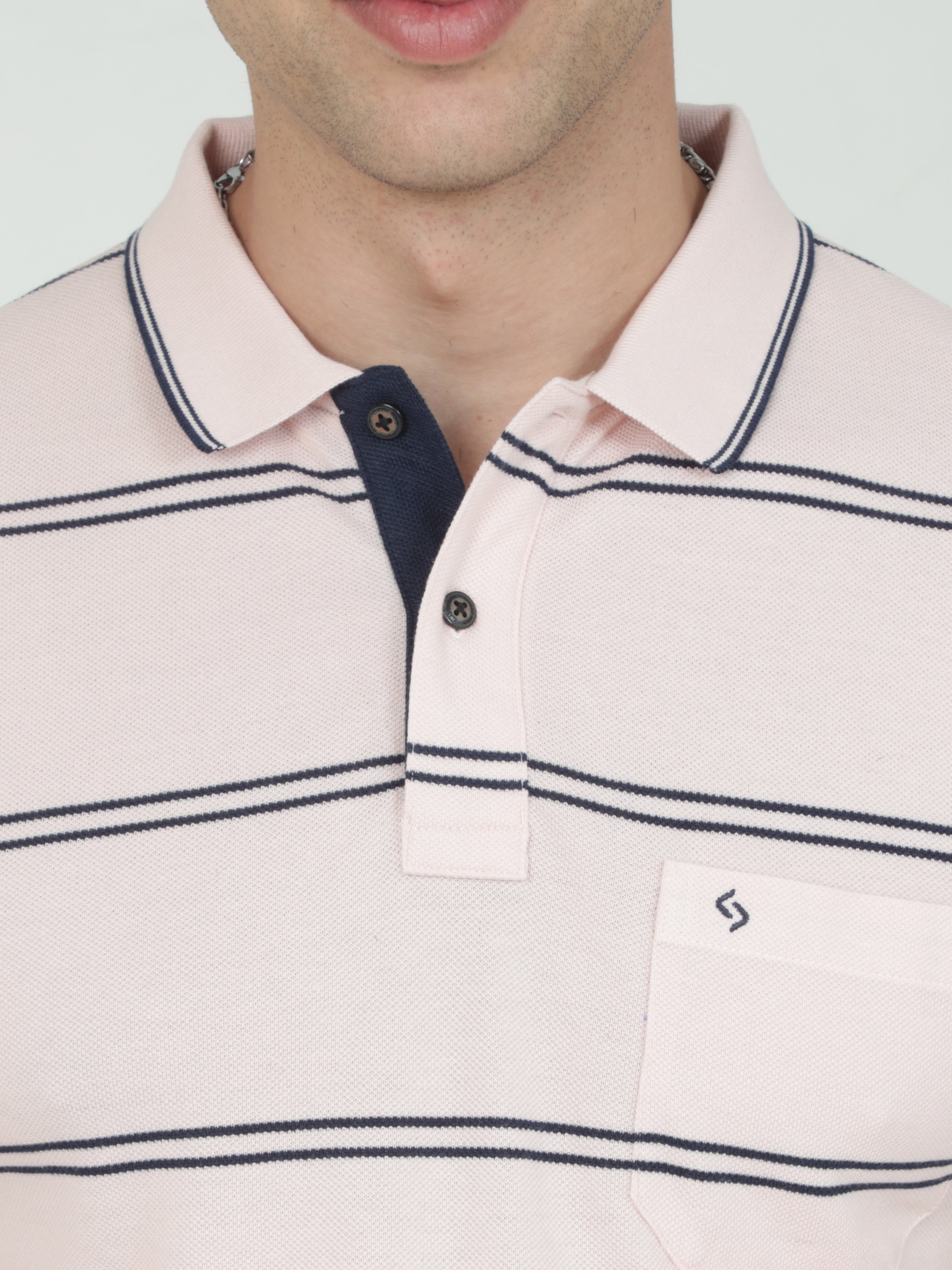 Classic Polo Mens Casual Lt.Peach Striped Cotton T-Shirt | F-ADORE - 101 A SF P