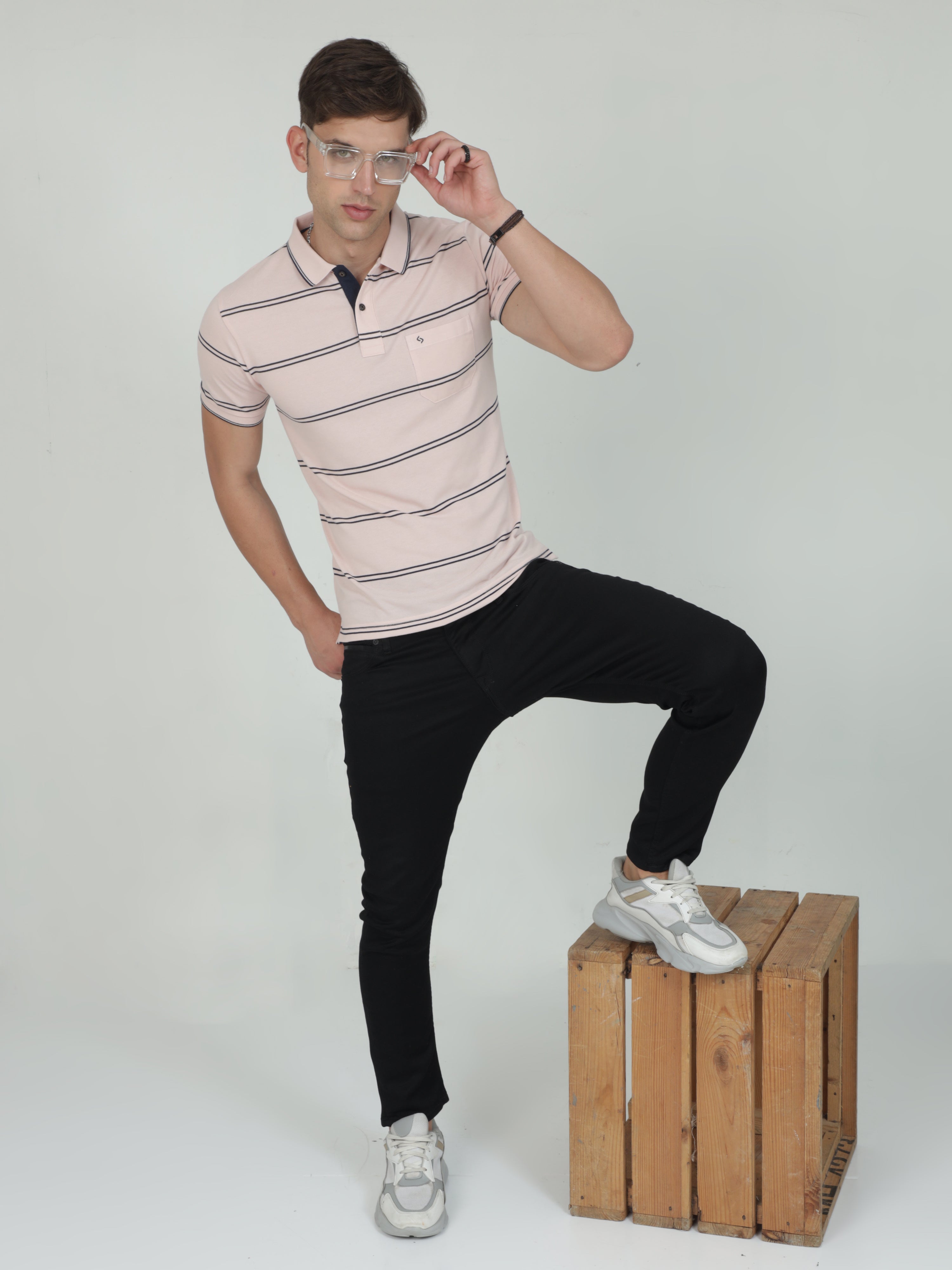 Classic Polo Mens Casual Lt.Peach Striped Cotton T-Shirt | F-ADORE - 101 A SF P
