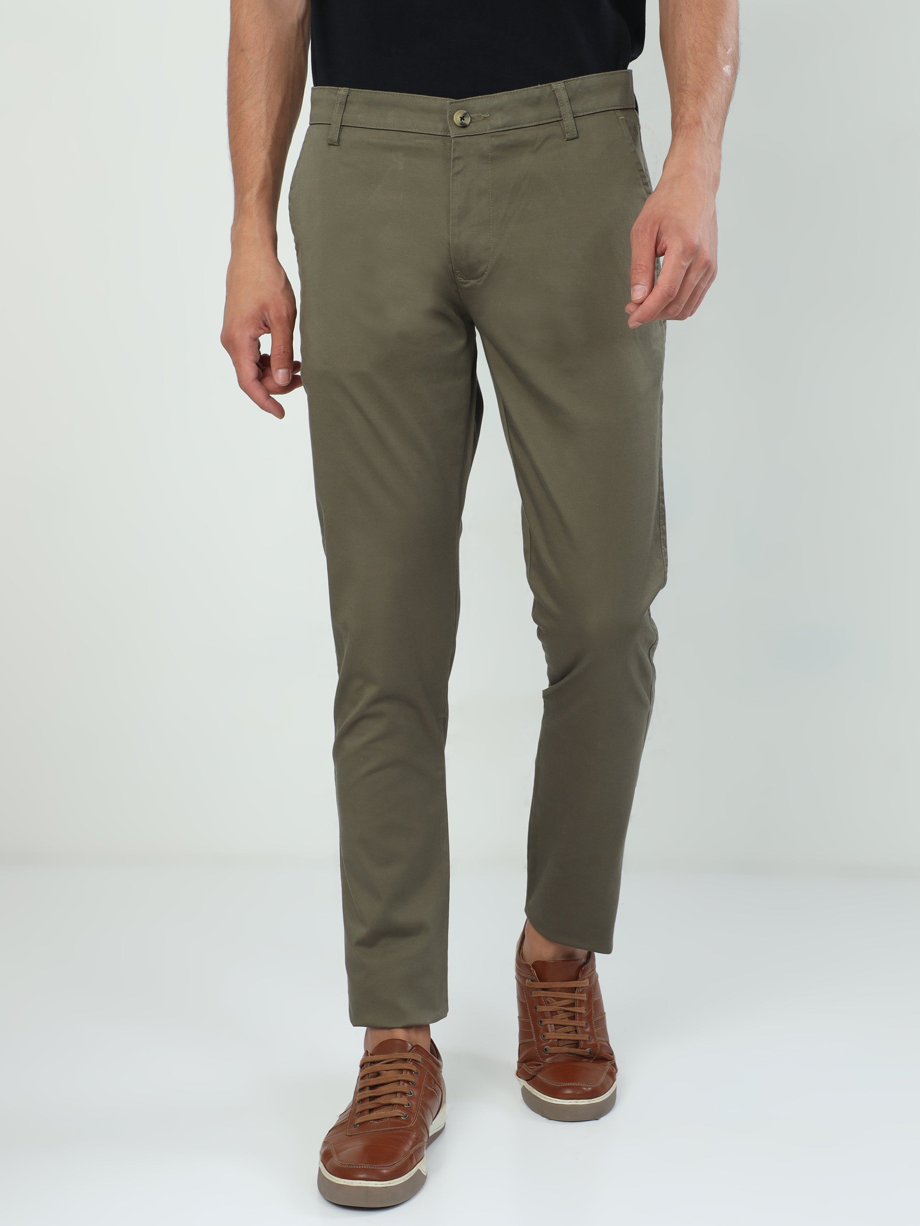 Classic Polo Men's   Moderate Fit Cotton Trousers | CR-TRS-SATIN-OLIVE MF LY