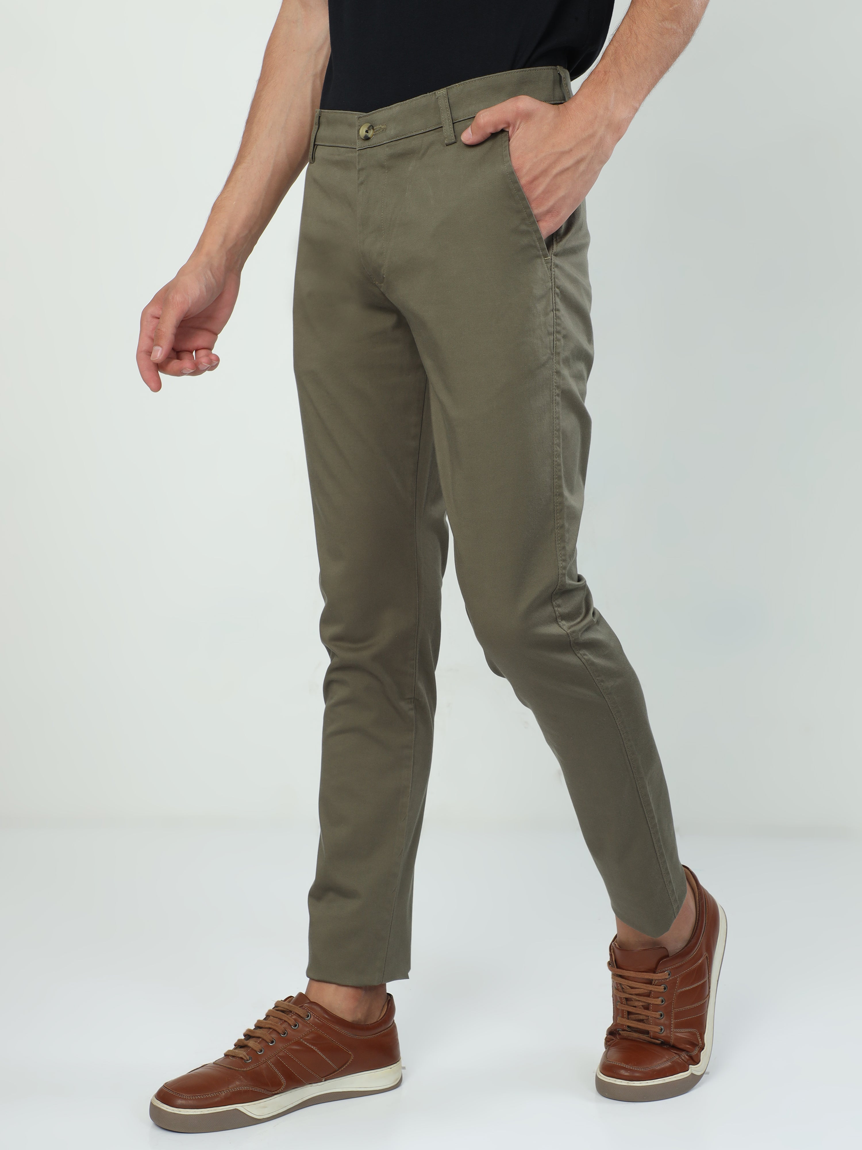 Classic Polo Men's   Moderate Fit Cotton Trousers | CR-TRS-SATIN-OLIVE MF LY