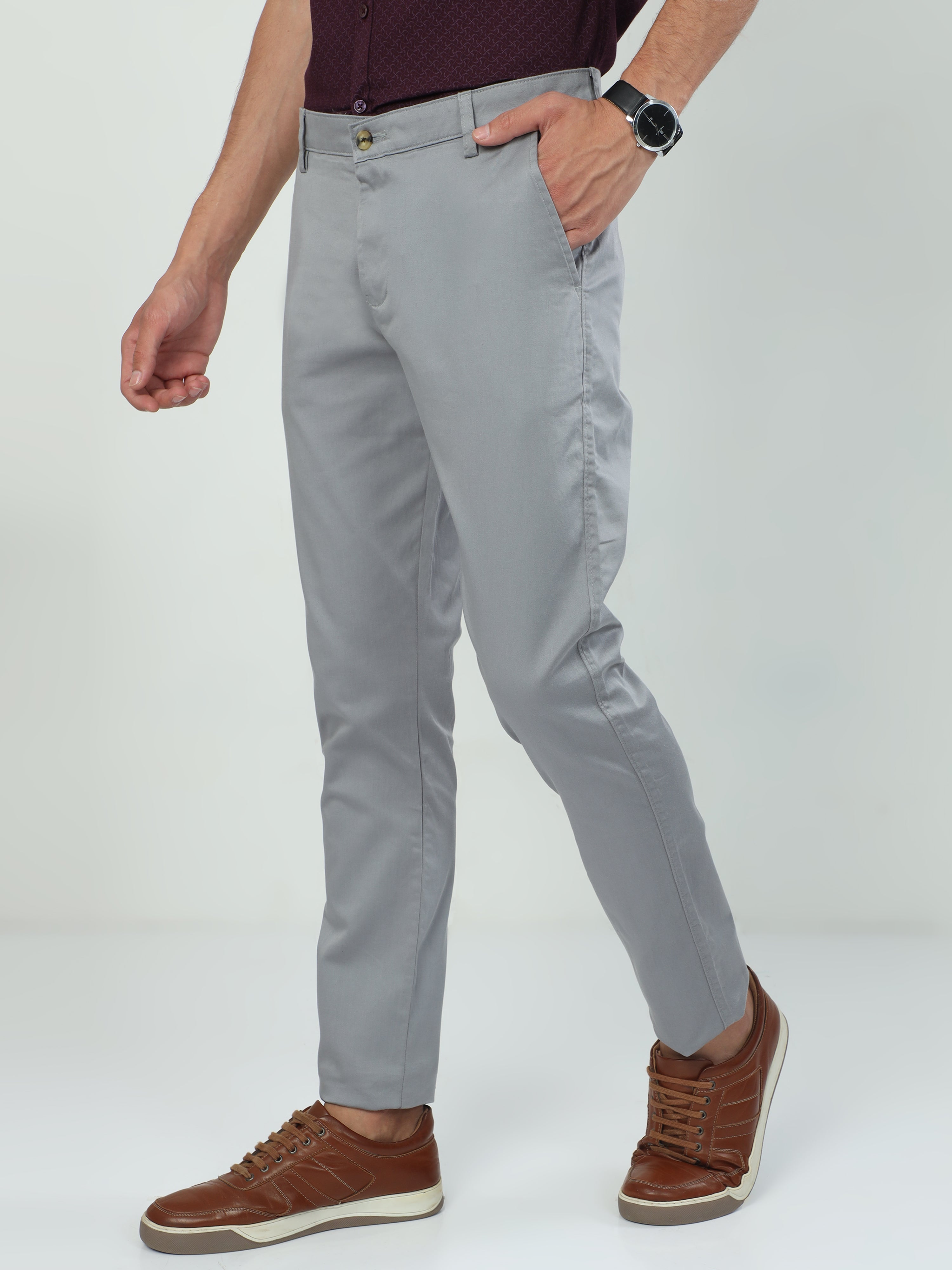 Classic Polo Men's   Moderate Fit Cotton Trousers | CR-TRS-SATIN-LT.GREY MF LY