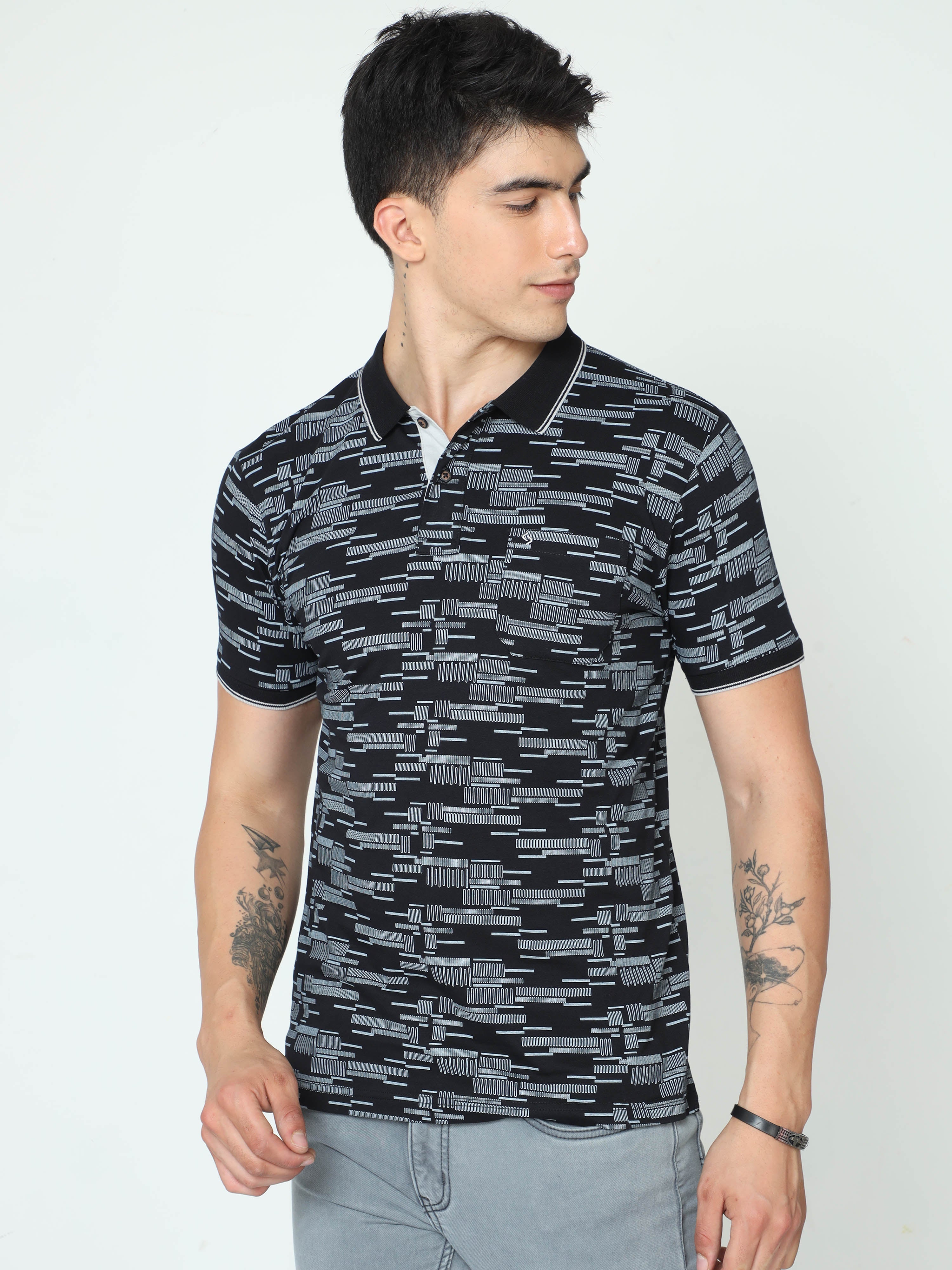 Classic Polo Mens Cotton Half Sleeve Printed Slim Fit Polo Neck Black Color T-Shirt | BELLO - 232 A SF P