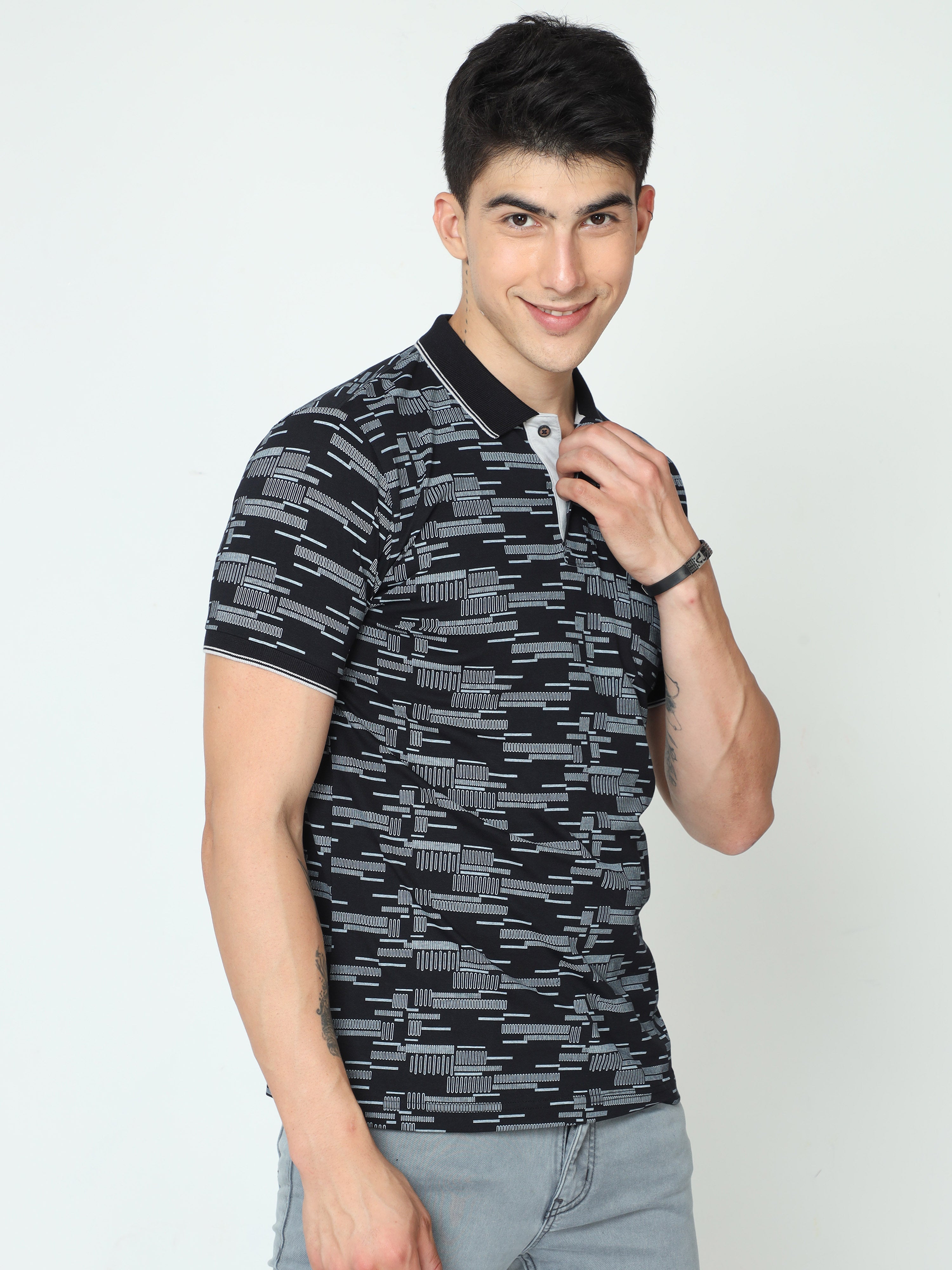 Classic Polo Mens Cotton Half Sleeve Printed Slim Fit Polo Neck Black Color T-Shirt | BELLO - 232 A SF P
