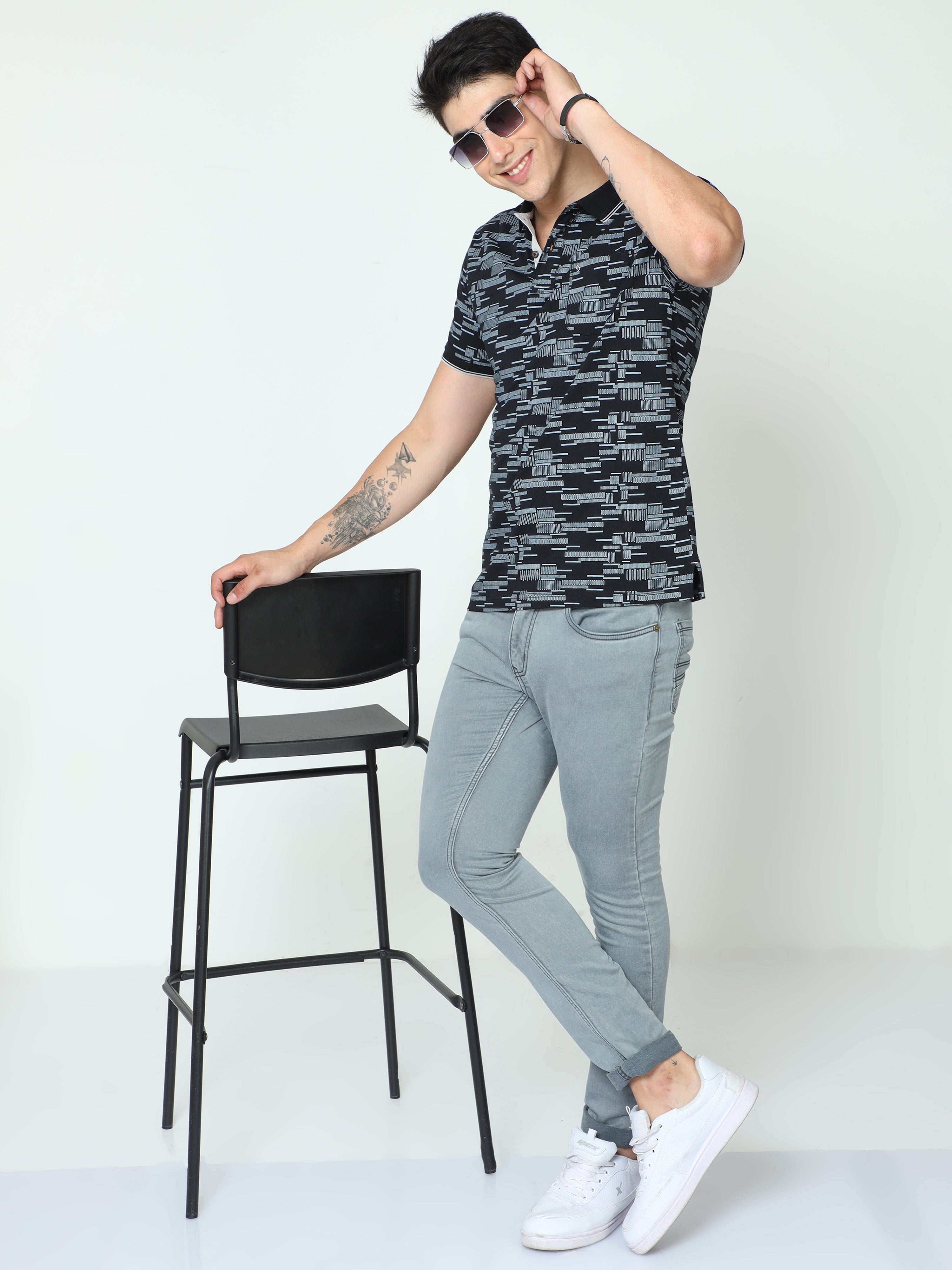Classic Polo Mens Cotton Half Sleeve Printed Slim Fit Polo Neck Black Color T-Shirt | BELLO - 232 A SF P