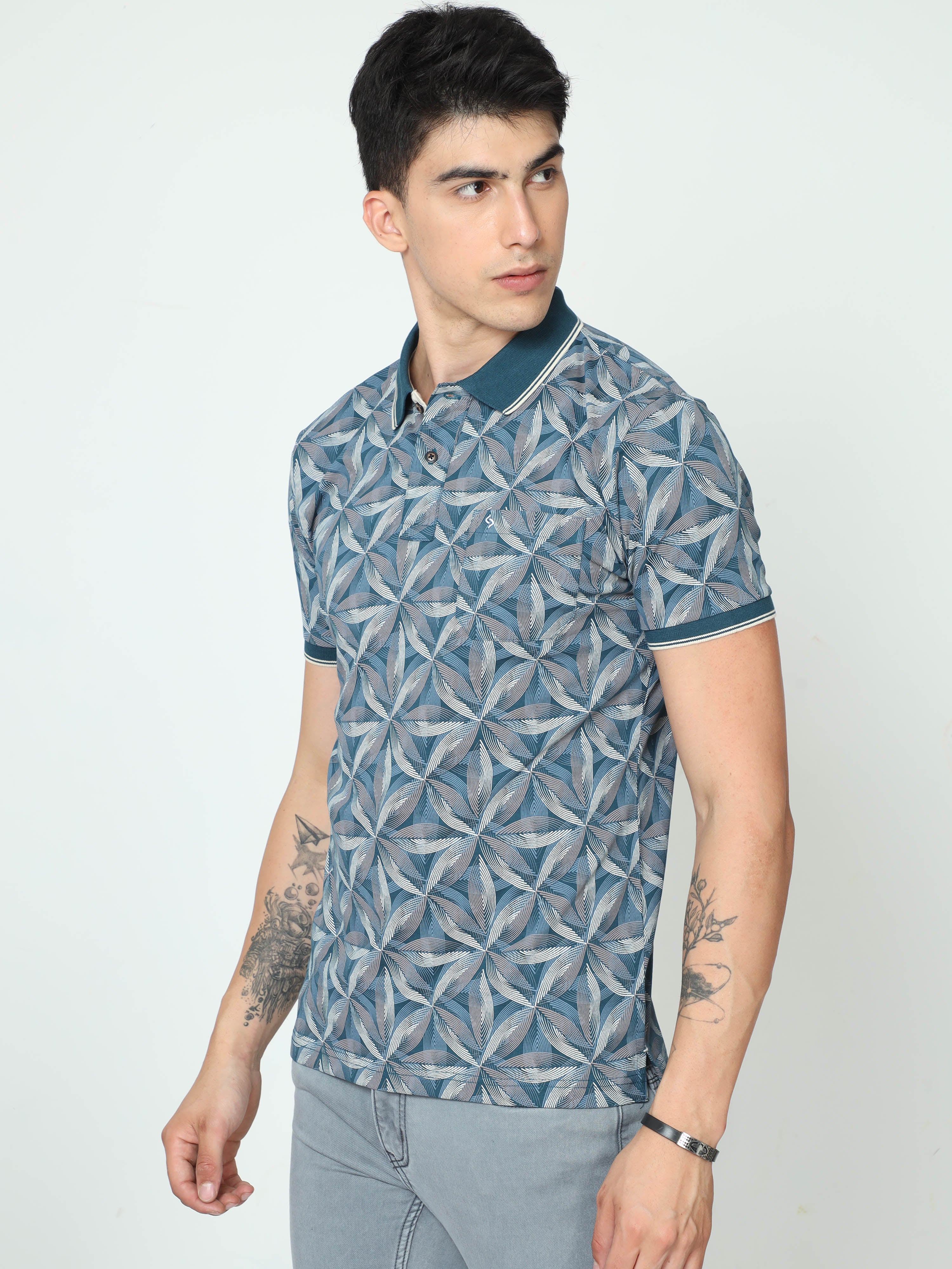 Classic Polo Mens Cotton Half Sleeve Printed Slim Fit Polo Neck Blue Color T-Shirt | BELLO - 233 A SF P