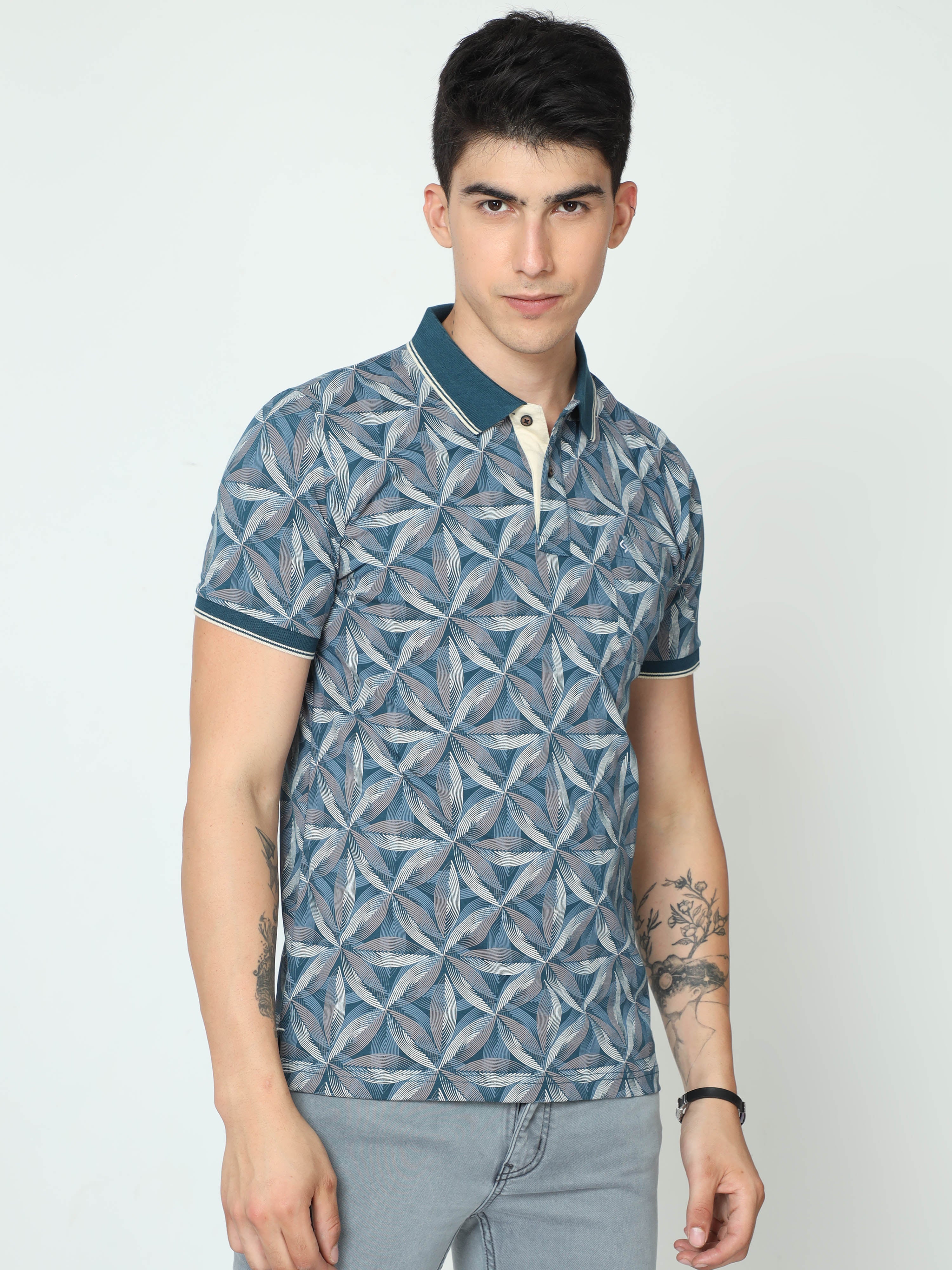 Classic Polo Mens Cotton Half Sleeve Printed Slim Fit Polo Neck Blue Color T-Shirt | BELLO - 233 A SF P