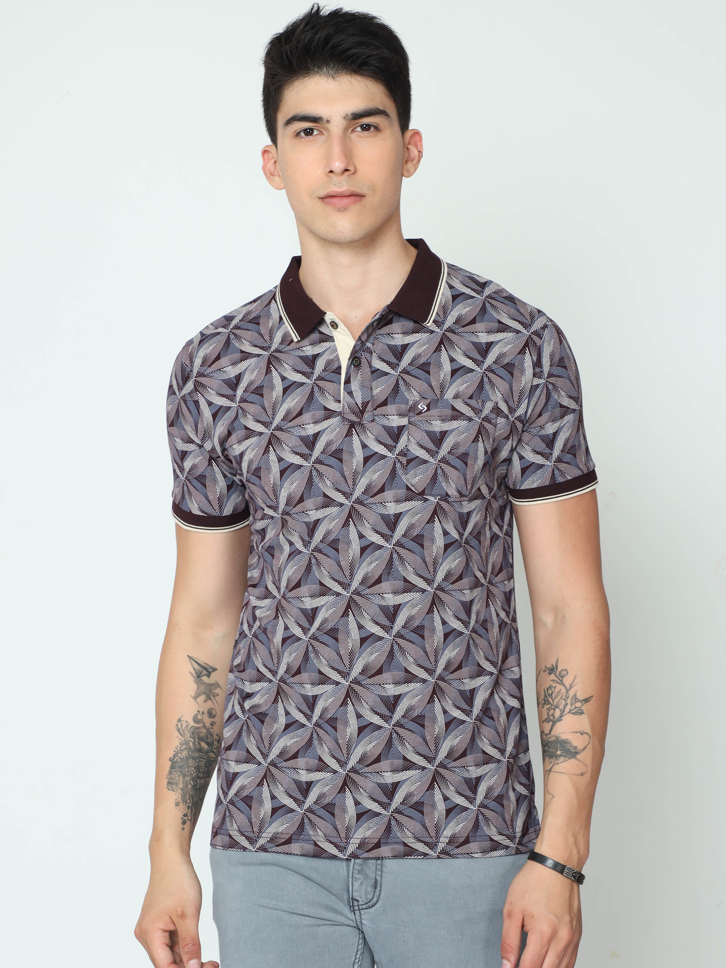 Classic Polo Mens Cotton Half Sleeve Printed Slim Fit Polo Neck Grey Color T-Shirt | BELLO - 233 B SF P