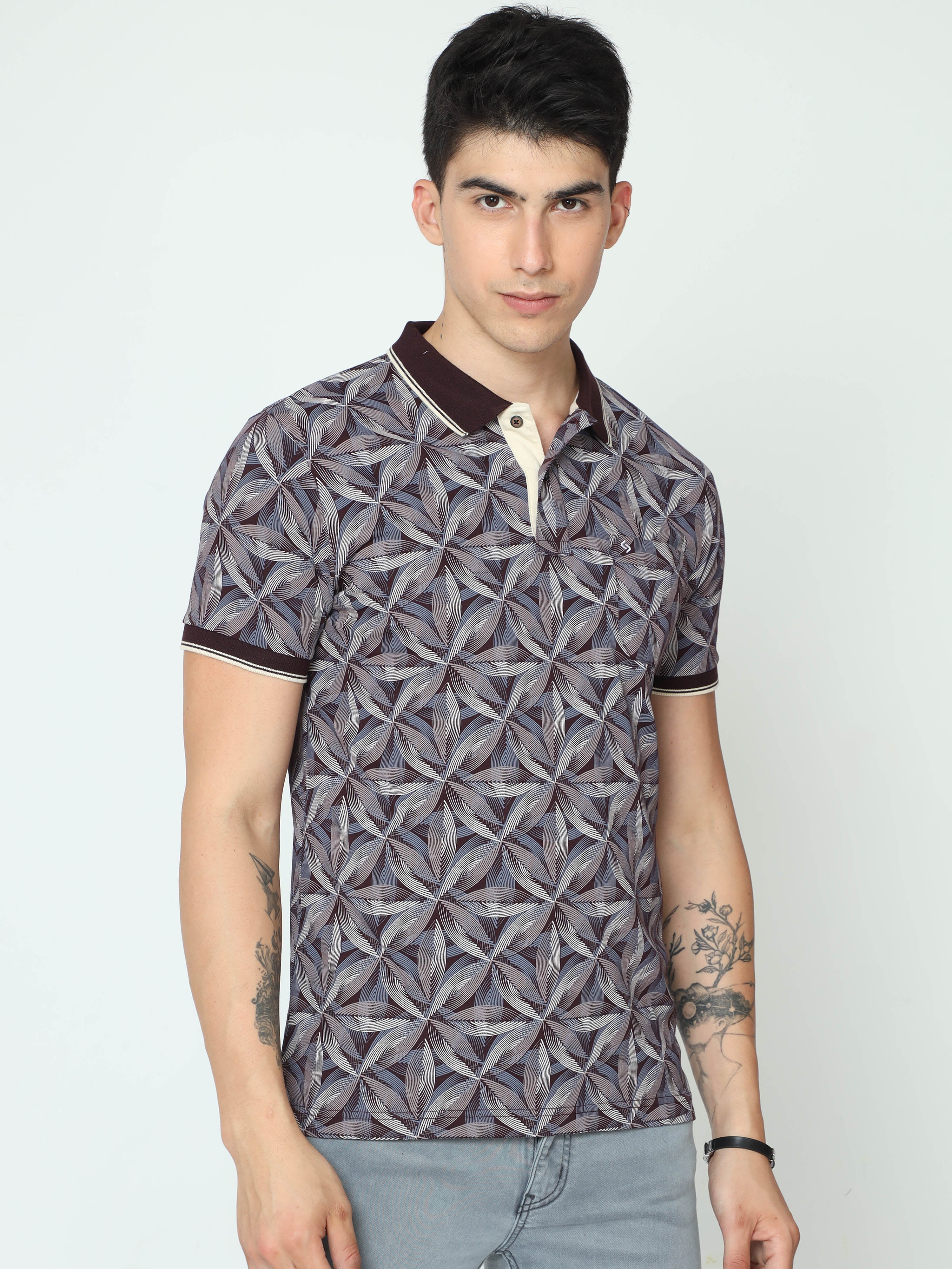 Classic Polo Mens Cotton Half Sleeve Printed Slim Fit Polo Neck Grey Color T-Shirt | BELLO - 233 B SF P
