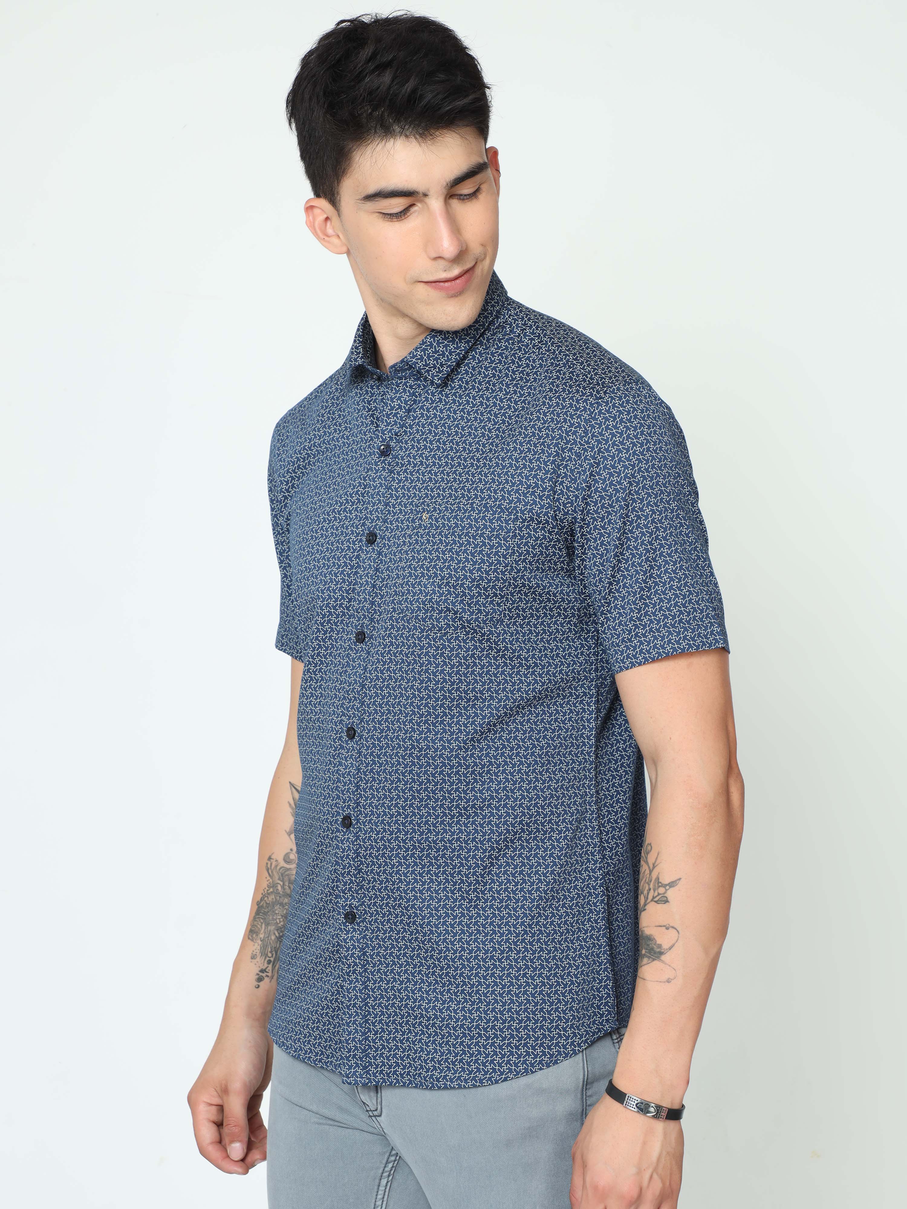 Classic Polo Mens Cotton Half Sleeve Printed Slim Fit Polo Neck Blue Color Casual Shirt | SO2-06 A-HS-PRT-SF