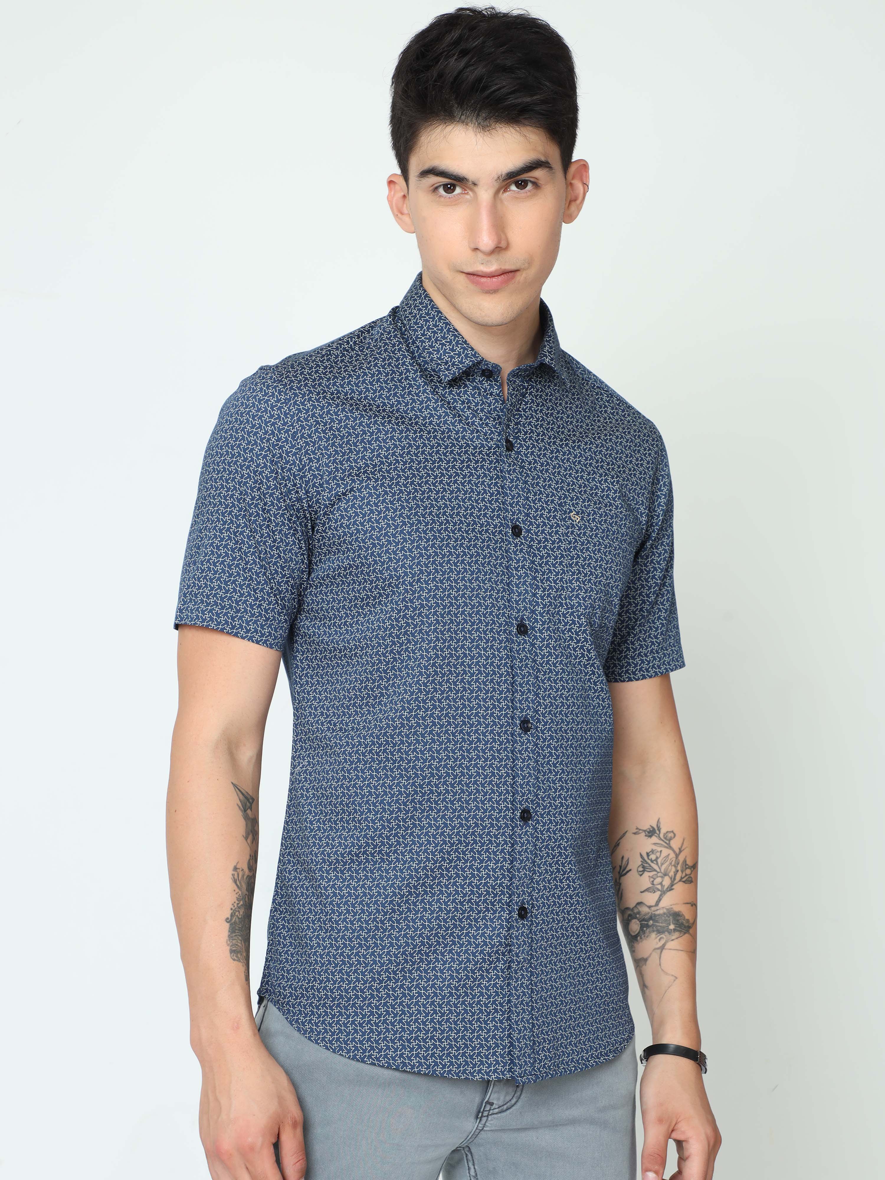 Classic Polo Mens Cotton Half Sleeve Printed Slim Fit Polo Neck Blue Color Casual Shirt | SO2-06 A-HS-PRT-SF