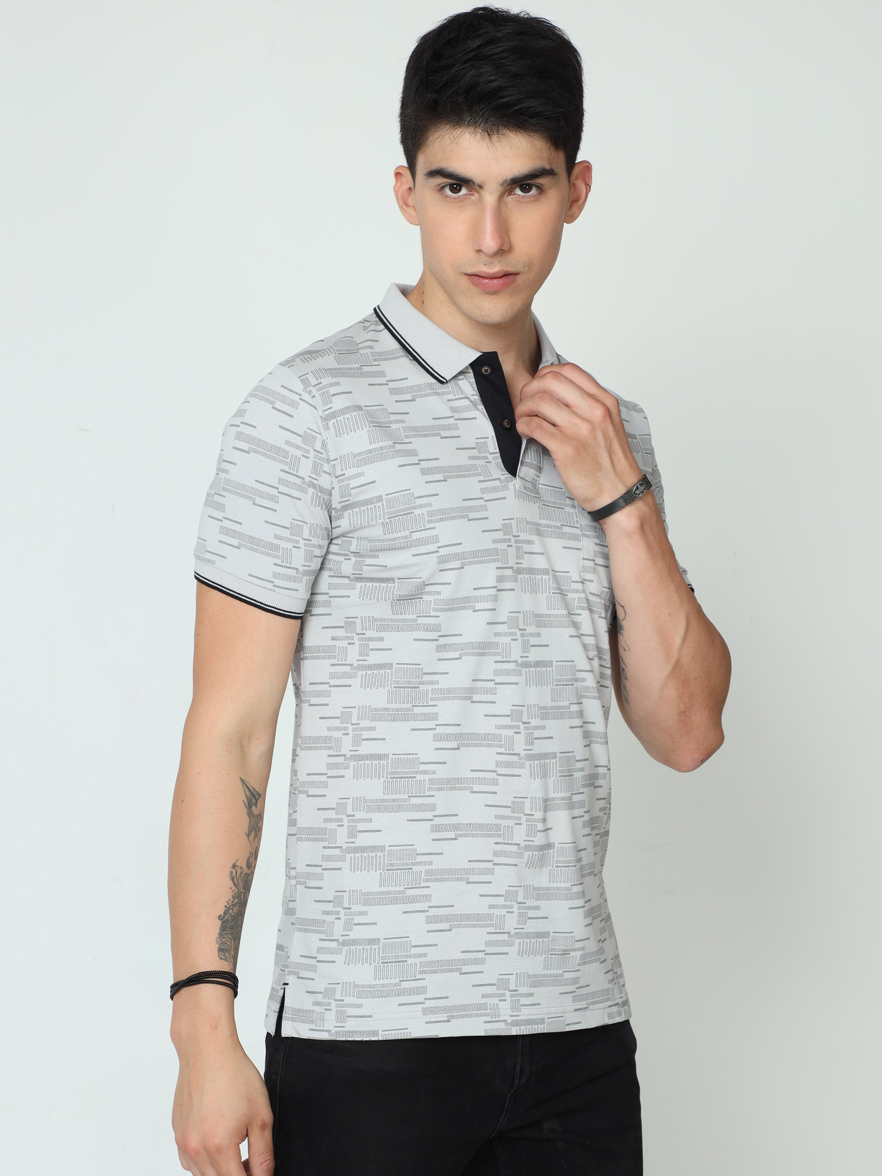 Classic Polo Mens Cotton Half Sleeve Printed Slim Fit Polo Neck Grey Color T-Shirt | BELLO - 232 B SF P