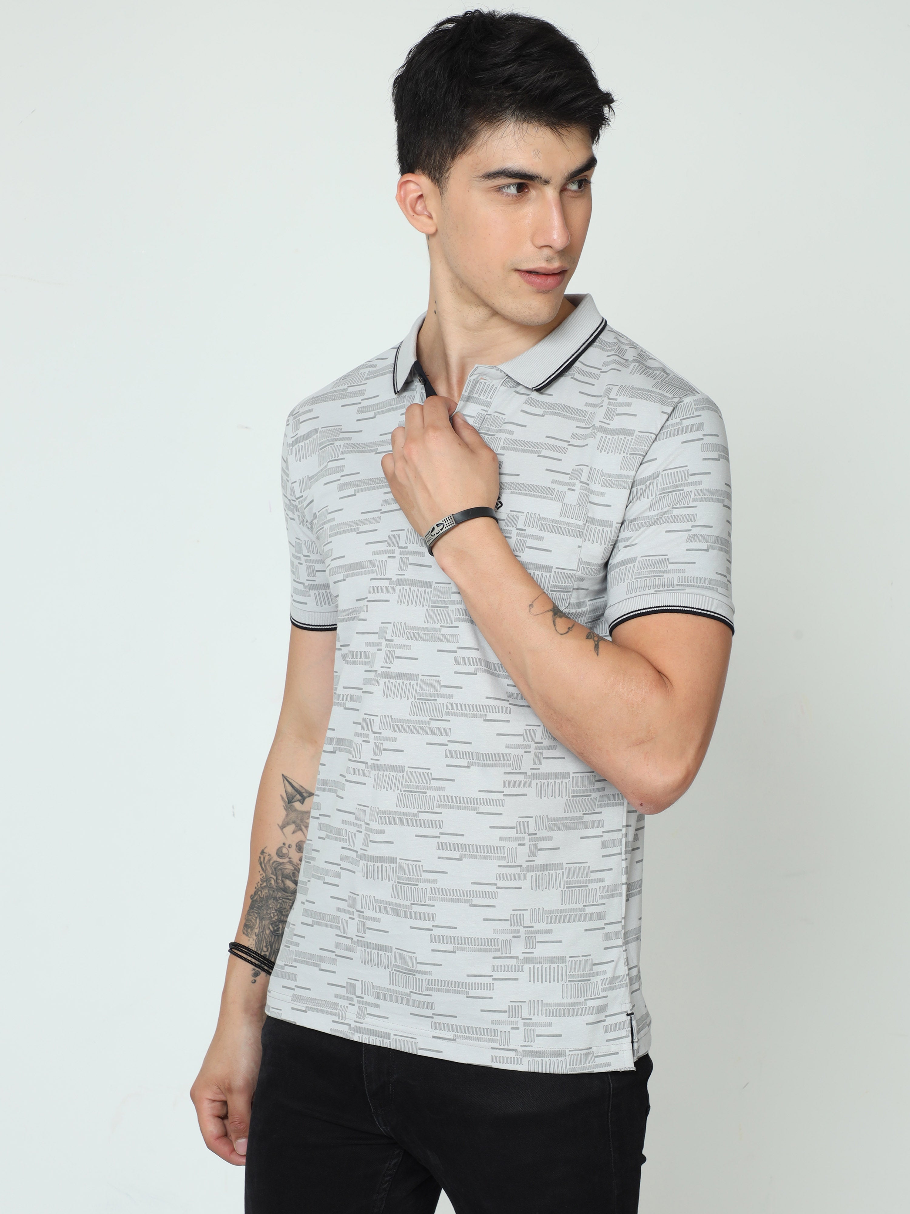 Classic Polo Mens Cotton Half Sleeve Printed Slim Fit Polo Neck Grey Color T-Shirt | BELLO - 232 B SF P