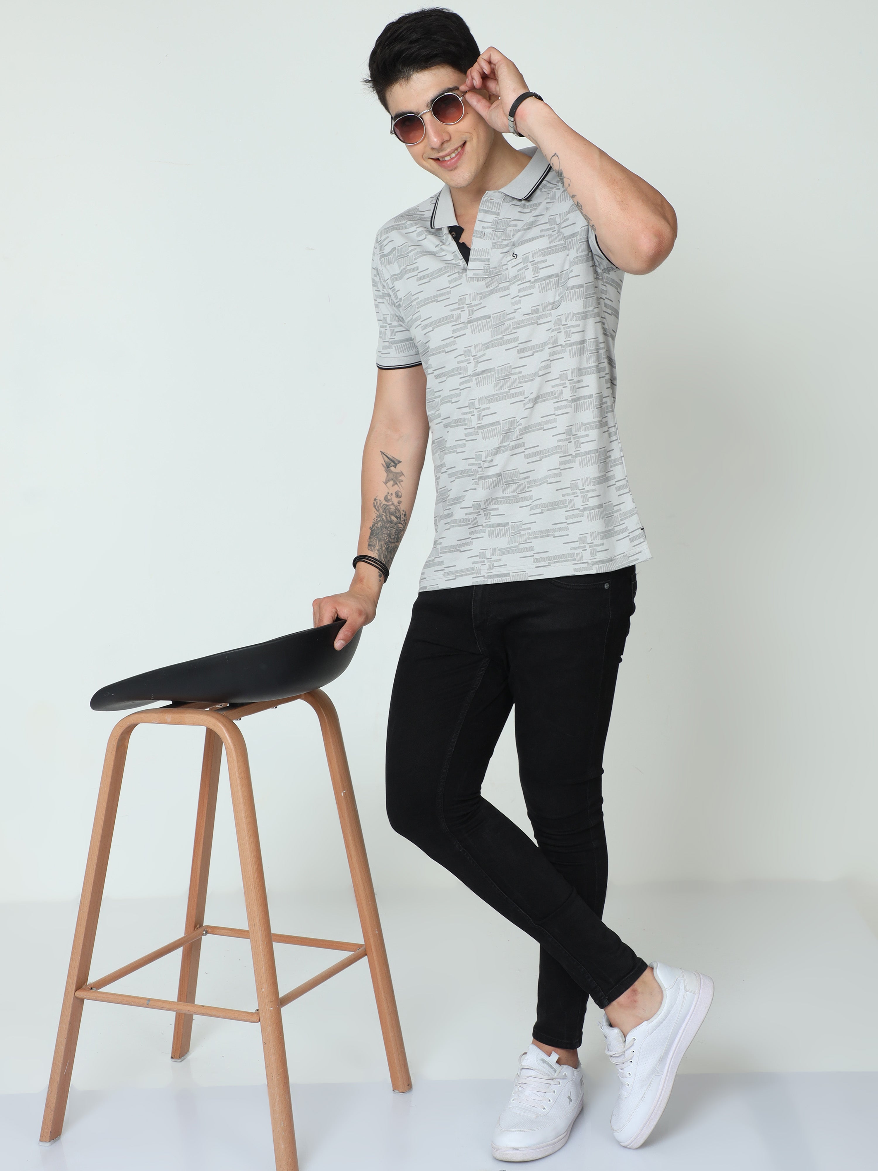 Classic Polo Mens Cotton Half Sleeve Printed Slim Fit Polo Neck Grey Color T-Shirt | BELLO - 232 B SF P