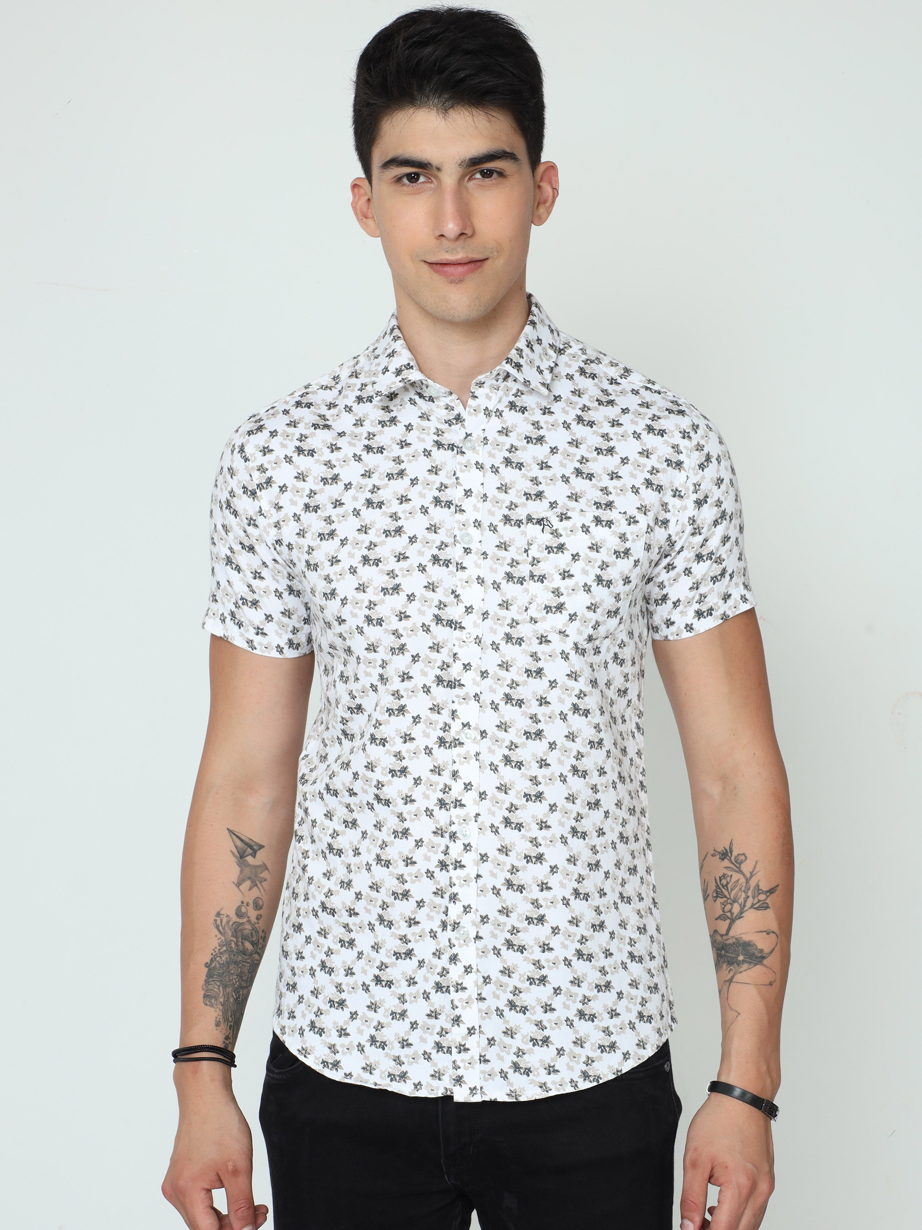 Classic Polo Mens Cotton Half Sleeve Printed Slim Fit Polo Neck White Color Casual Shirt | SBO2-24 A-HS-PRT-BSL