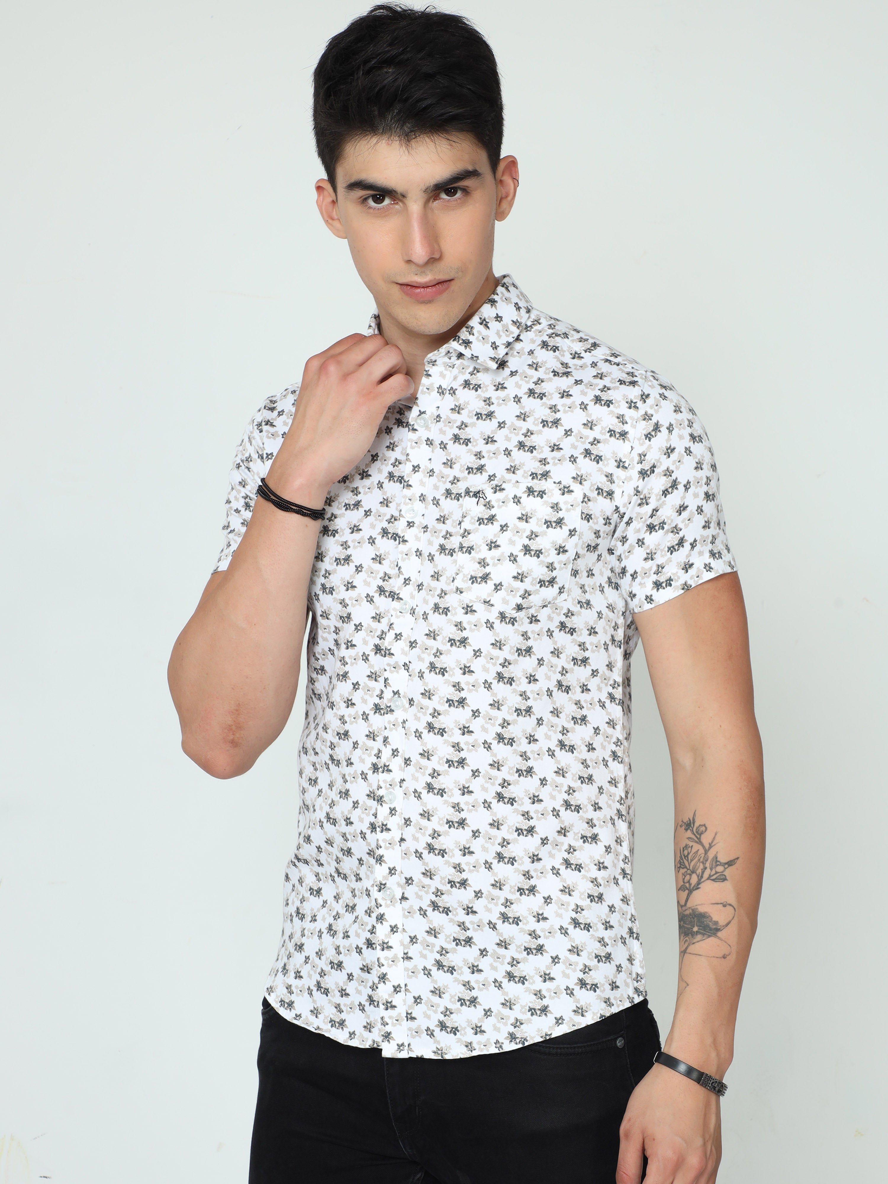 Classic Polo Mens Cotton Half Sleeve Printed Slim Fit Polo Neck White Color Casual Shirt | SBO2-24 A-HS-PRT-BSL