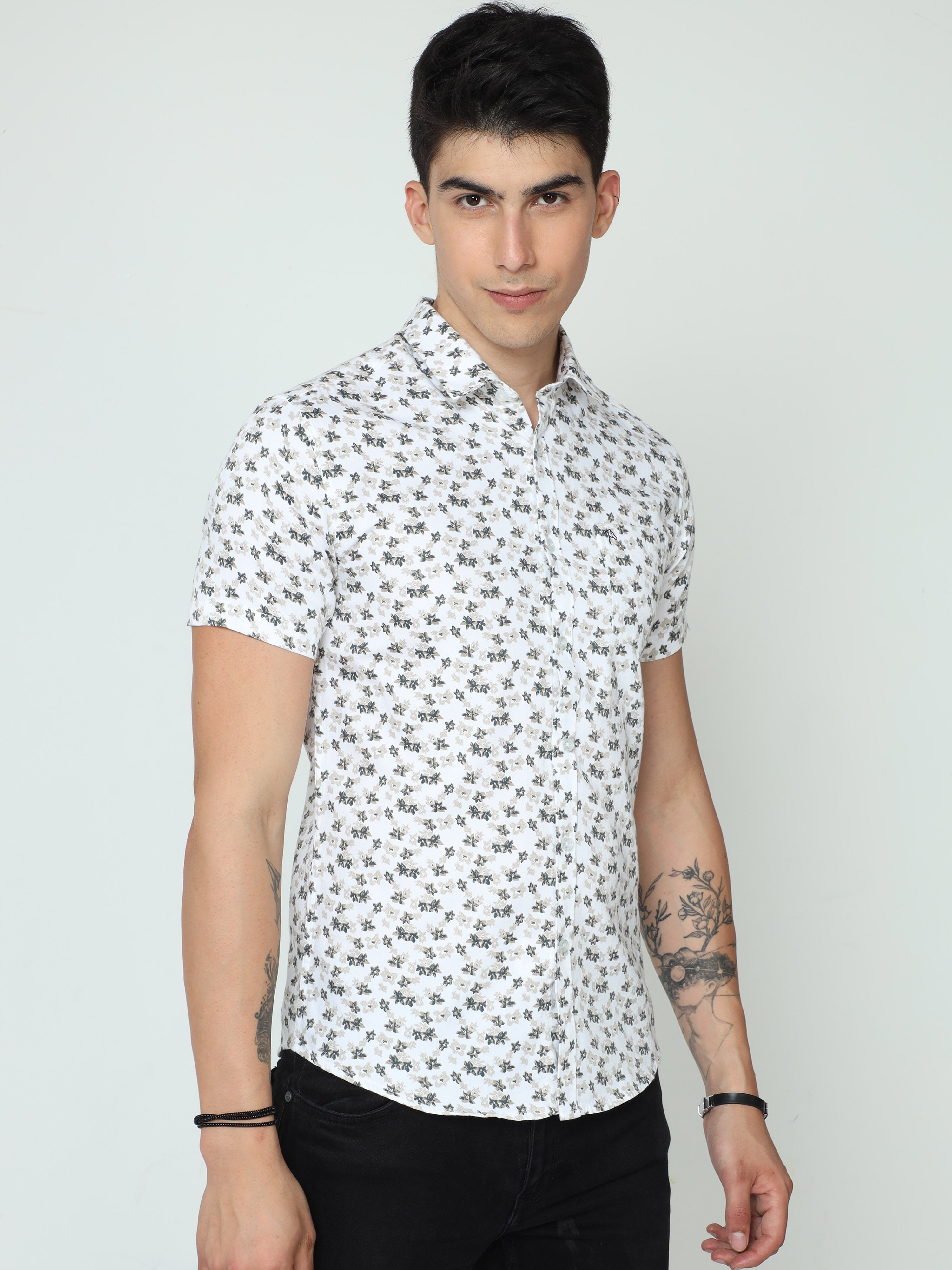 Classic Polo Mens Cotton Half Sleeve Printed Slim Fit Polo Neck White Color Casual Shirt | SBO2-24 A-HS-PRT-BSL