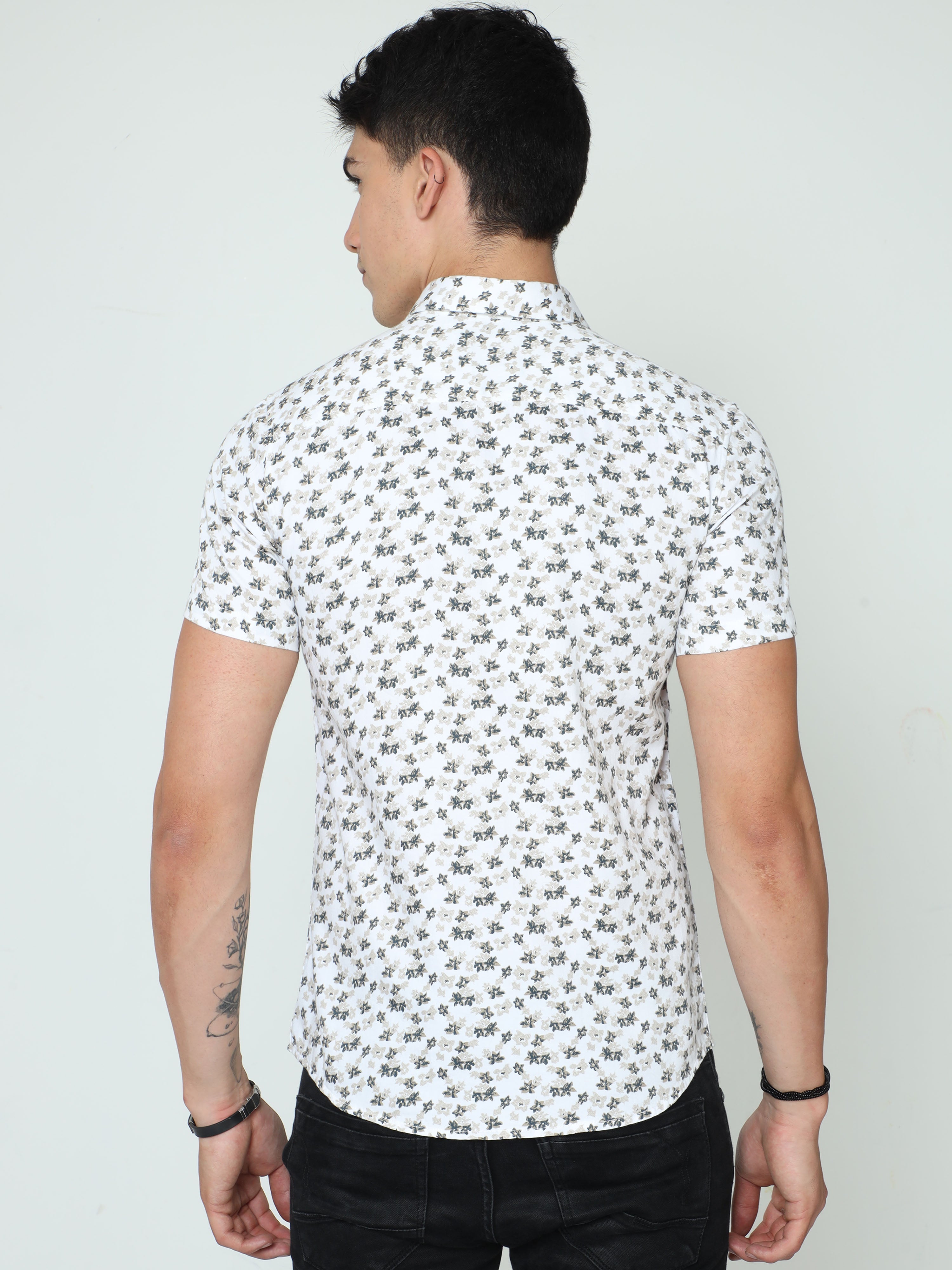 Classic Polo Mens Cotton Half Sleeve Printed Slim Fit Polo Neck White Color Casual Shirt | SBO2-24 A-HS-PRT-BSL