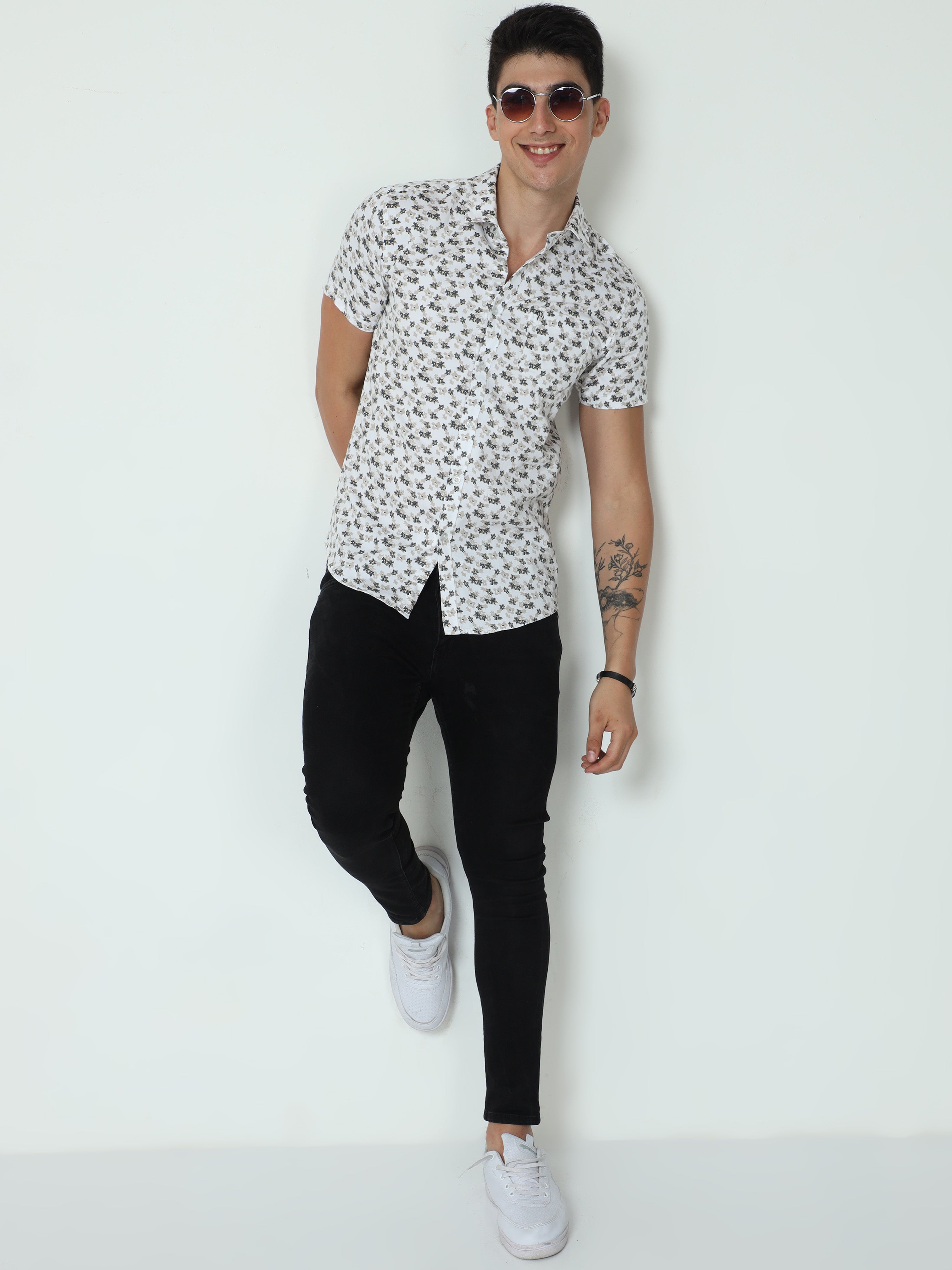 Classic Polo Mens Cotton Half Sleeve Printed Slim Fit Polo Neck White Color Casual Shirt | SBO2-24 A-HS-PRT-BSL