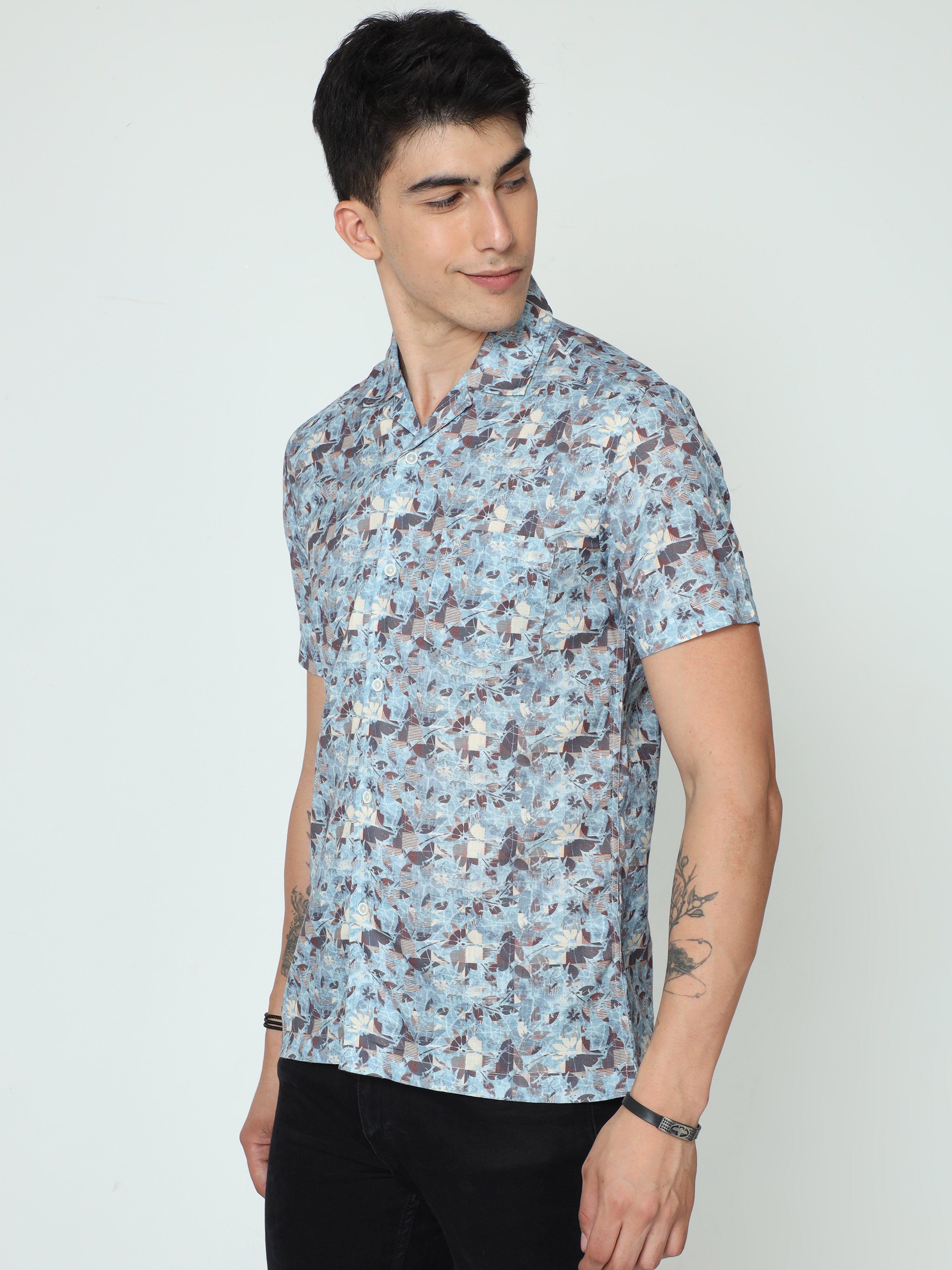 Classic Polo Mens Cotton Half Sleeve Printed Slim Fit Polo Neck Blue Color Casual Shirt | SBO2-89 A-HS-PRT-BSL