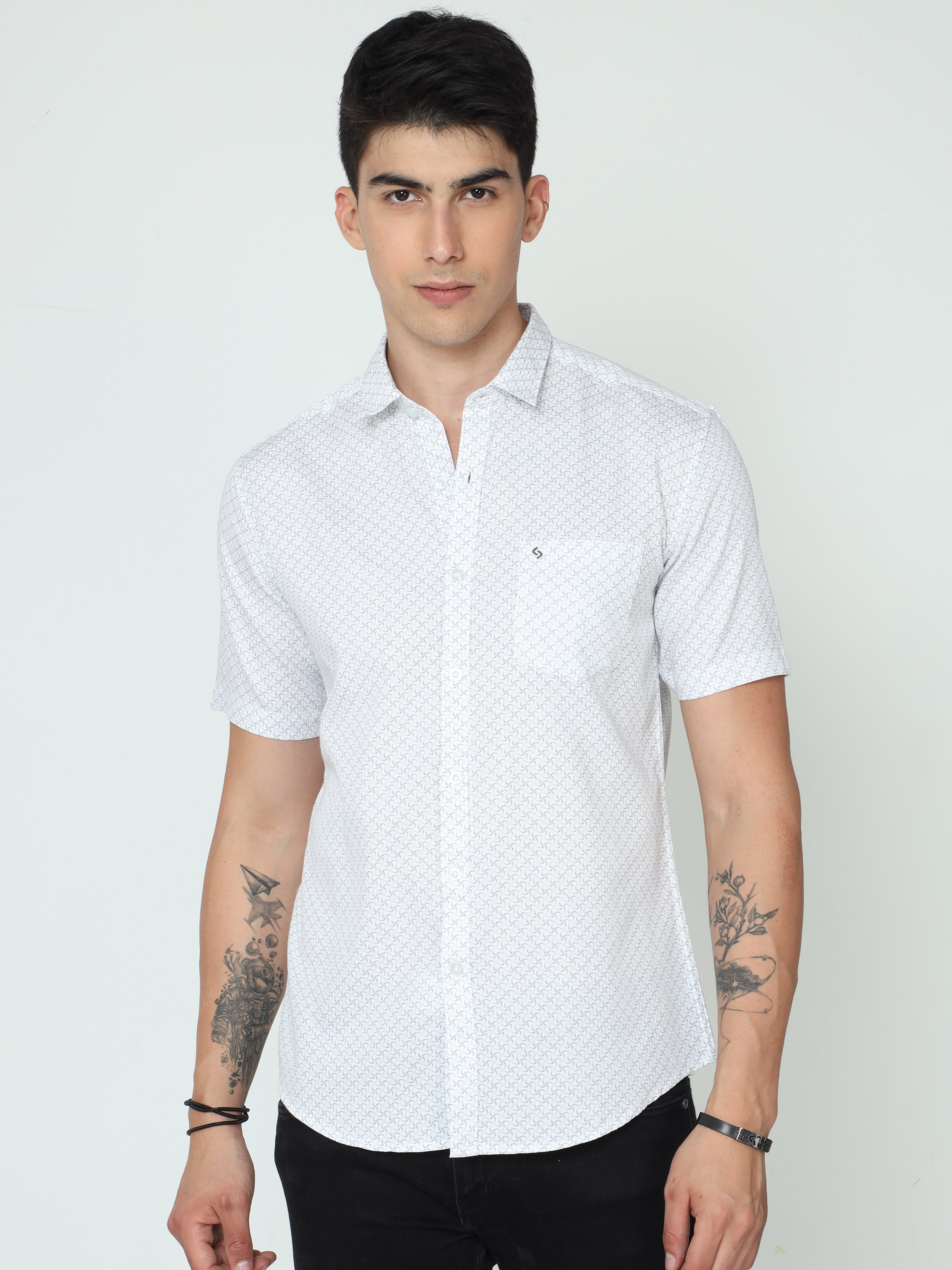 Classic Polo Mens Cotton Half Sleeve Printed Slim Fit Polo Neck White Color Casual Shirt | SO2-129 A-HS-PRT-SF