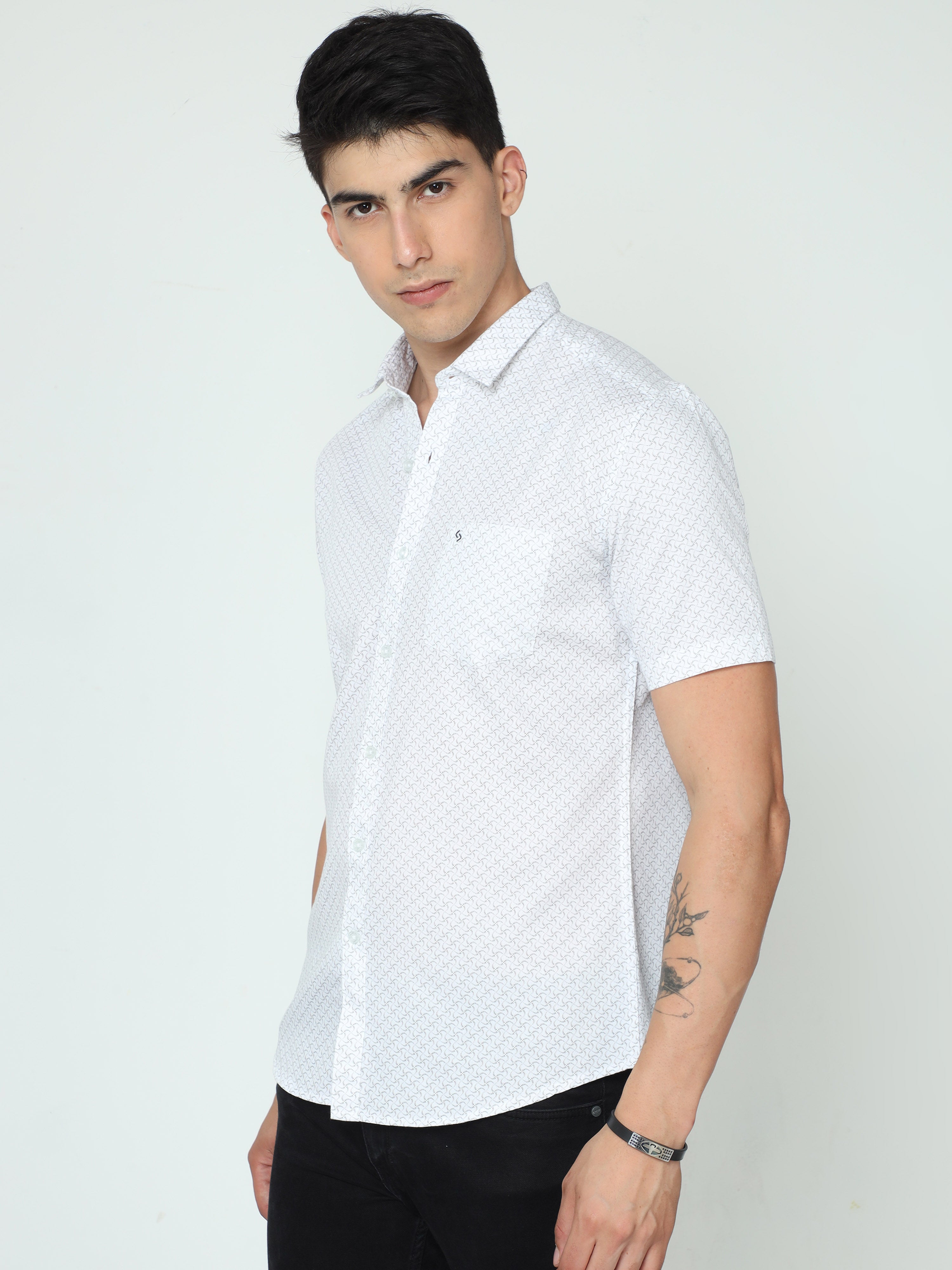 Classic Polo Mens Cotton Half Sleeve Printed Slim Fit Polo Neck White Color Casual Shirt | SO2-129 A-HS-PRT-SF