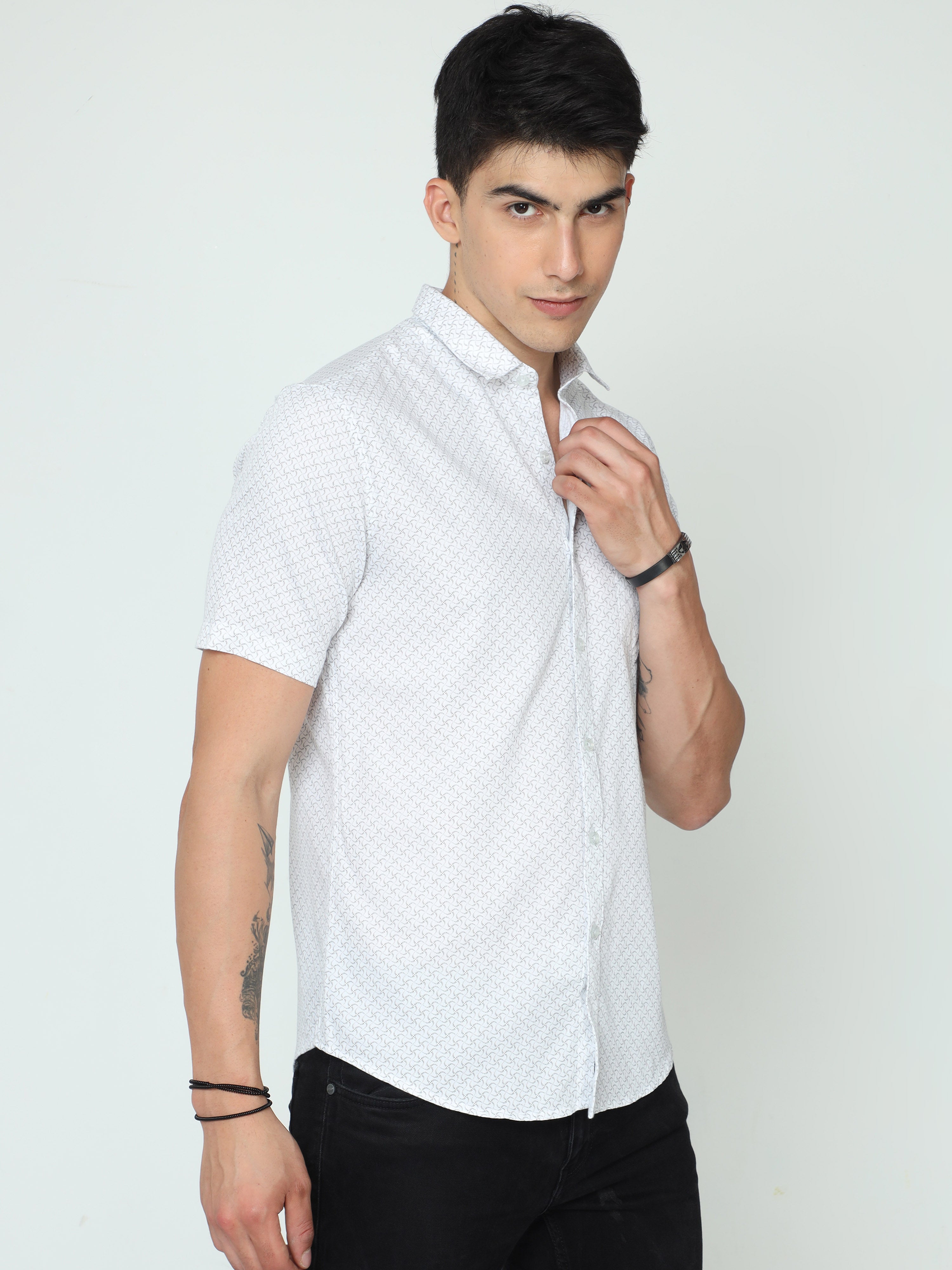 Classic Polo Mens Cotton Half Sleeve Printed Slim Fit Polo Neck White Color Casual Shirt | SO2-129 A-HS-PRT-SF