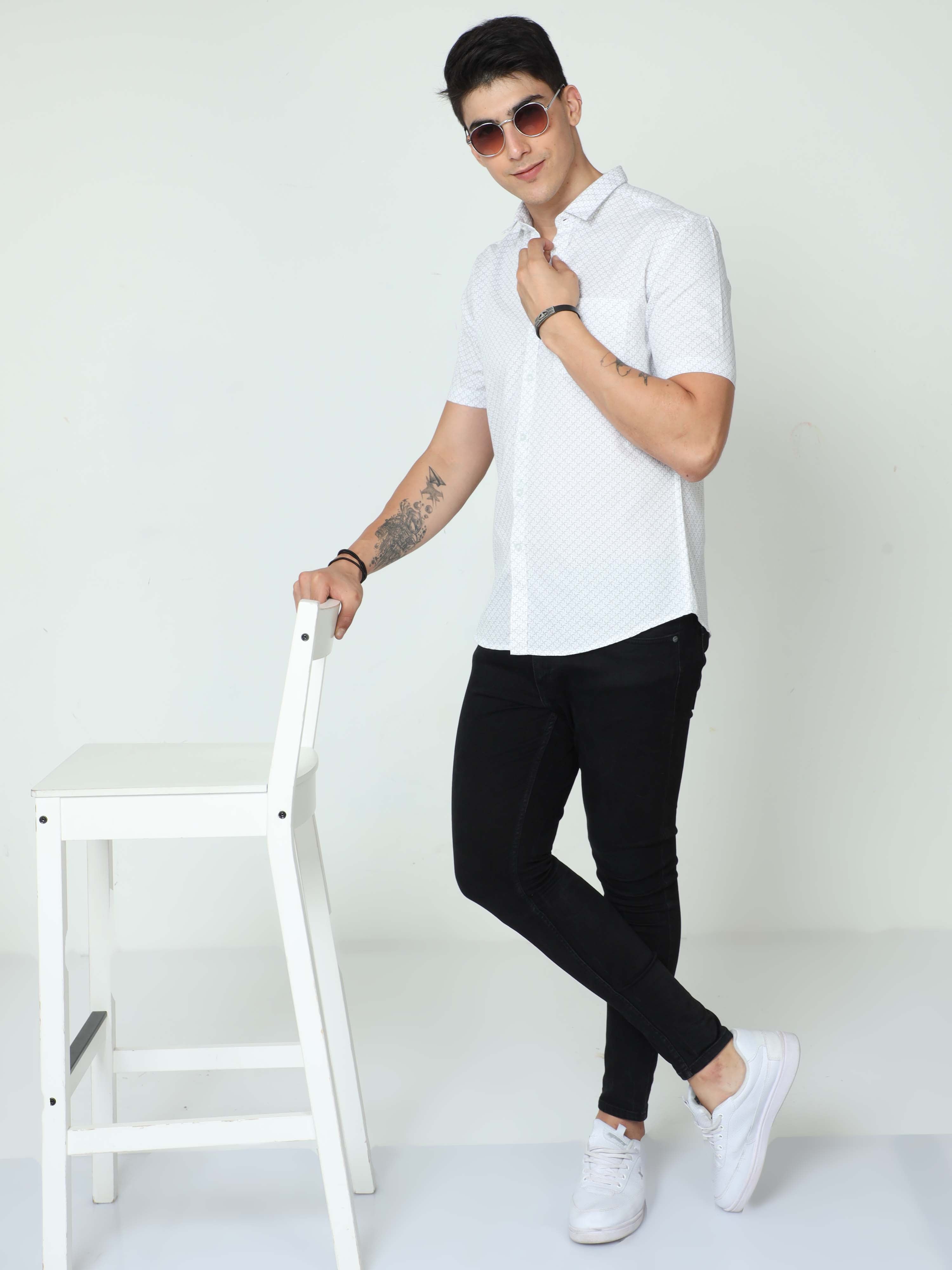 Classic Polo Mens Cotton Half Sleeve Printed Slim Fit Polo Neck White Color Casual Shirt | SO2-129 A-HS-PRT-SF