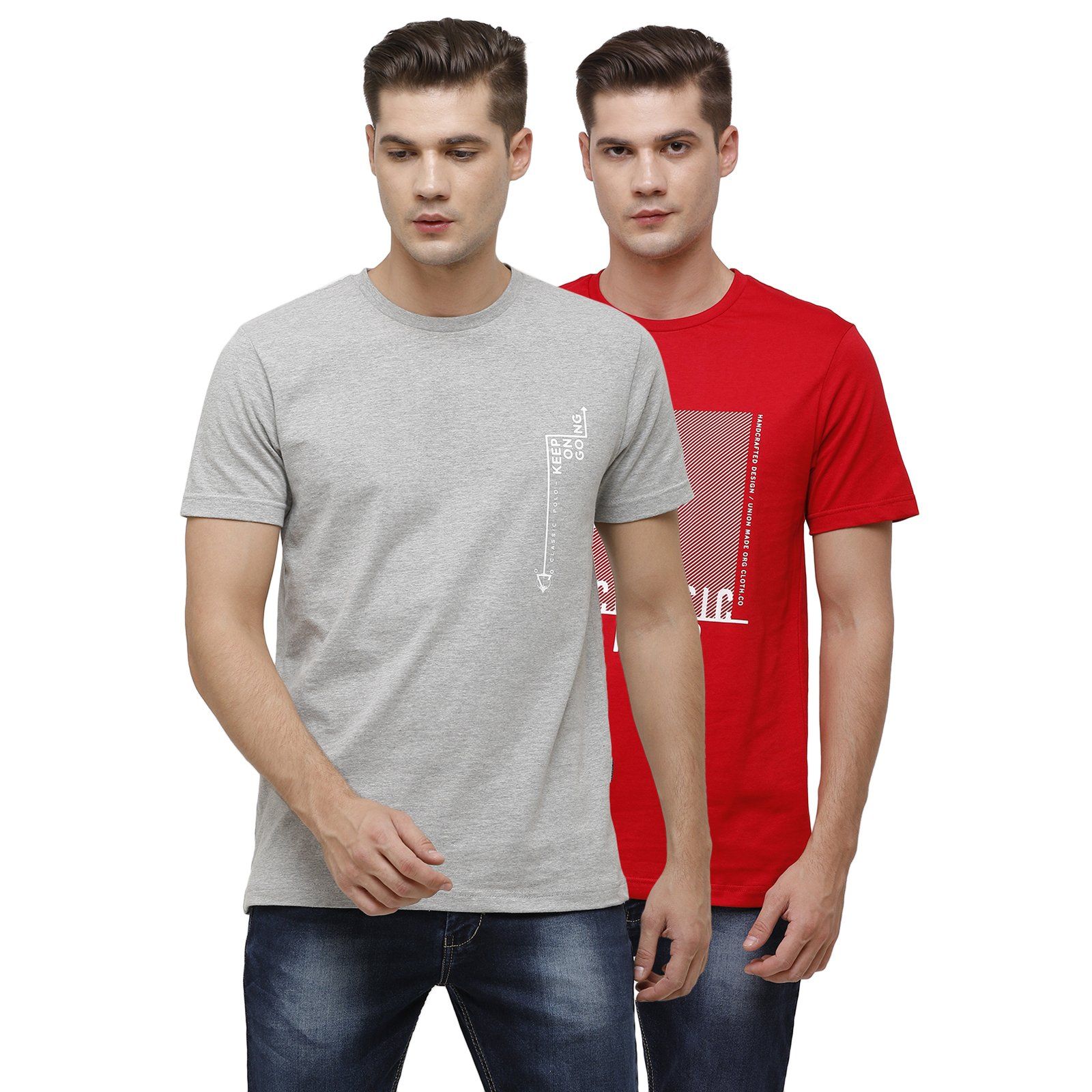 Classic Polo Men's Half Sleeve Crew Neck Red & Grey Slim Fit Single Jersey Pack Of 2 T-shirt Iris- 02 T-shirt Classic Polo 