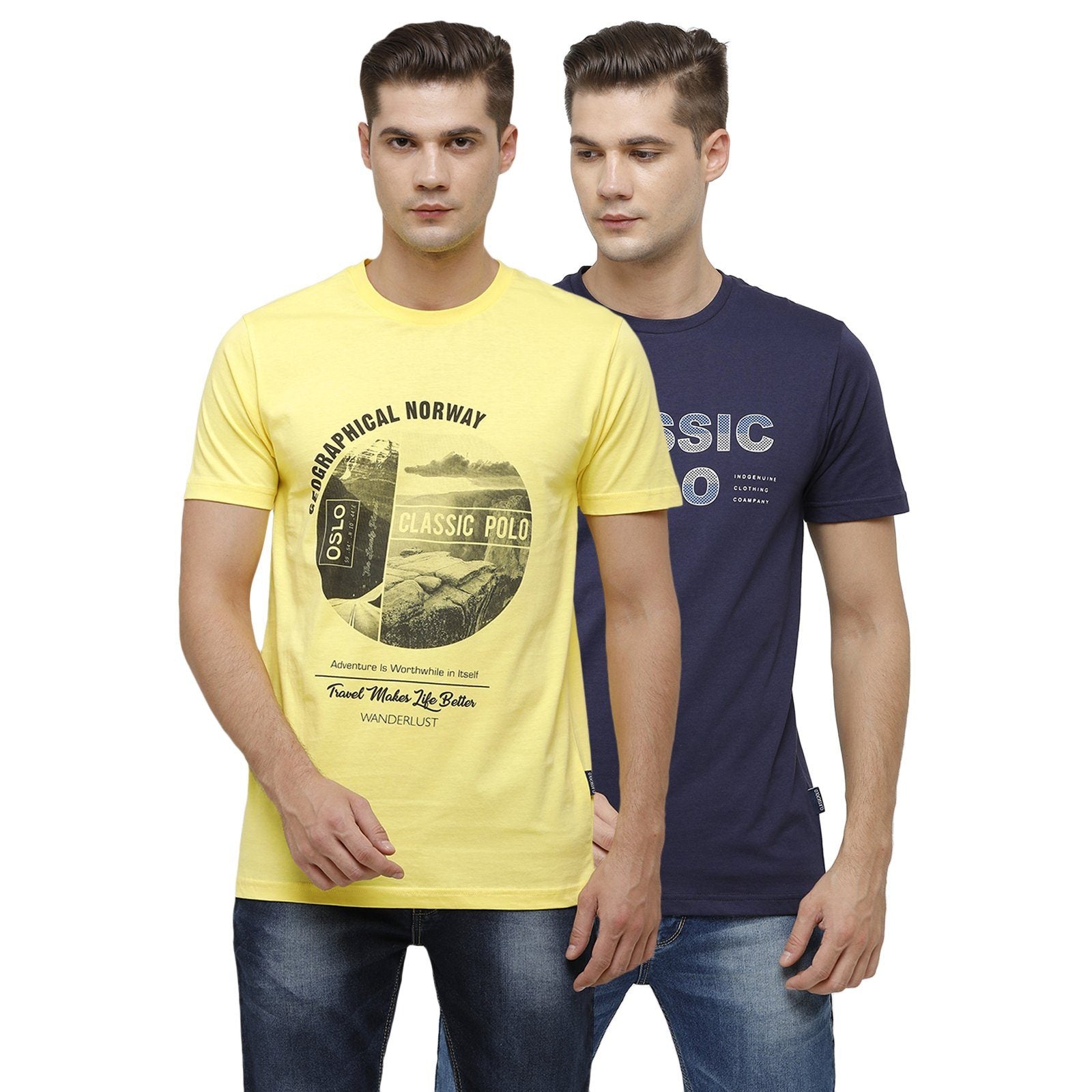 Classic Polo Men's Half Sleeve Crew Neck Yellow & Navy Slim Fit Single Jersey Pack Of 2 T-shirt Iris -04 T-shirt Classic Polo 