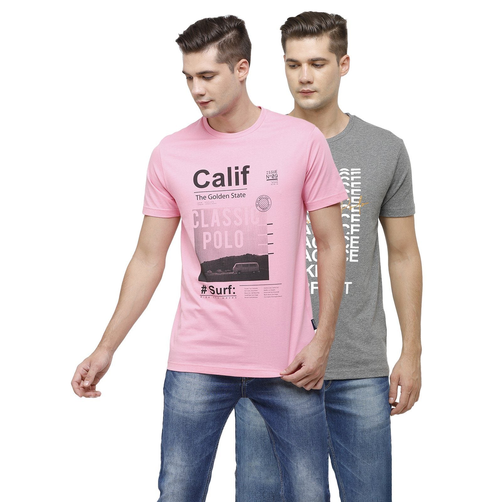 Classic Polo Men's Half Sleeve Crew Neck Grey & Pink Slim Fit Single Jersey Pack Of 2 T-shirt Iris - 05 T-shirt Classic Polo 