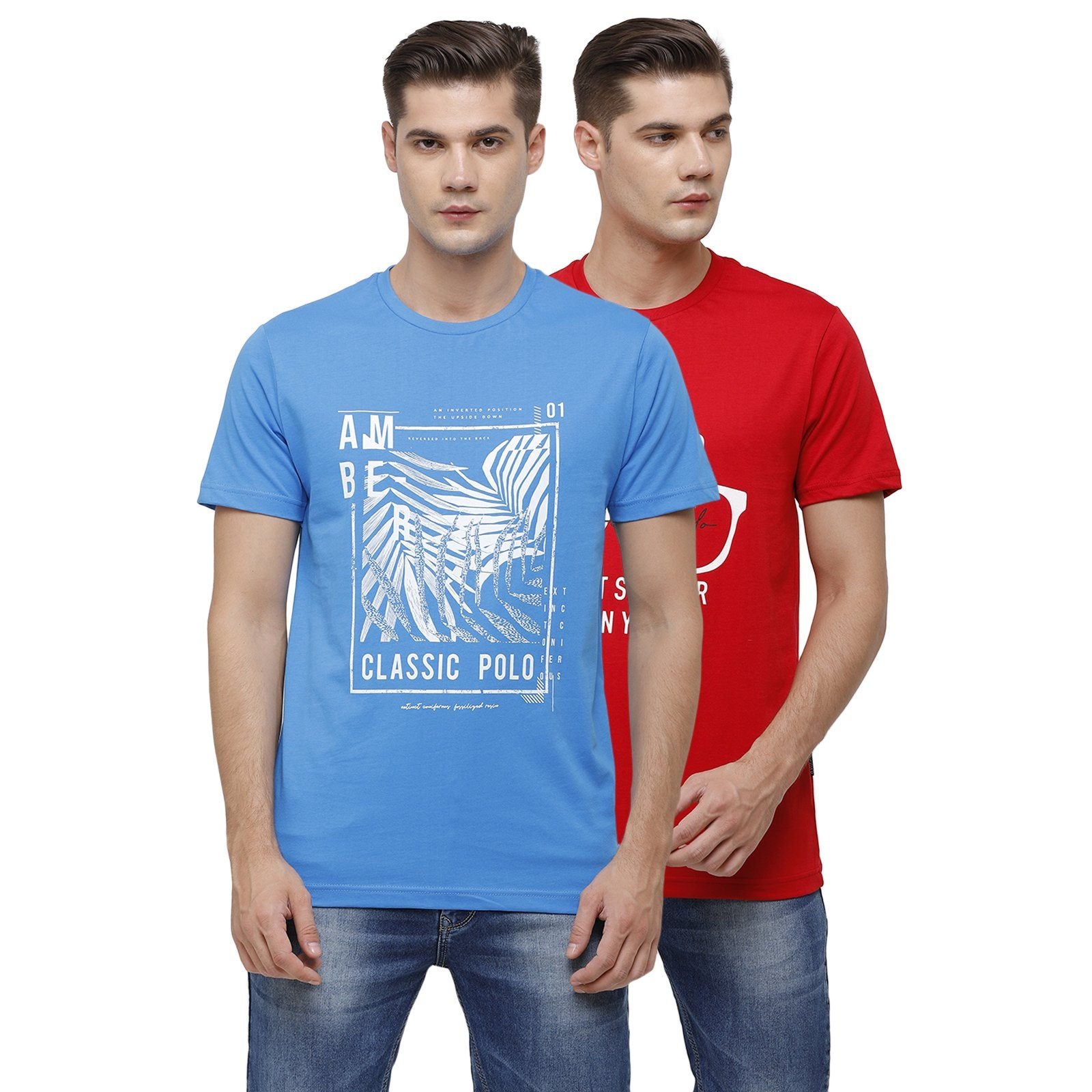 Classic Polo Men's Half Sleeve Crew Neck Blue & Red Slim Fit Single Jersey Pack Of 2 T-shirt Iris - 09 T-shirt Classic Polo 