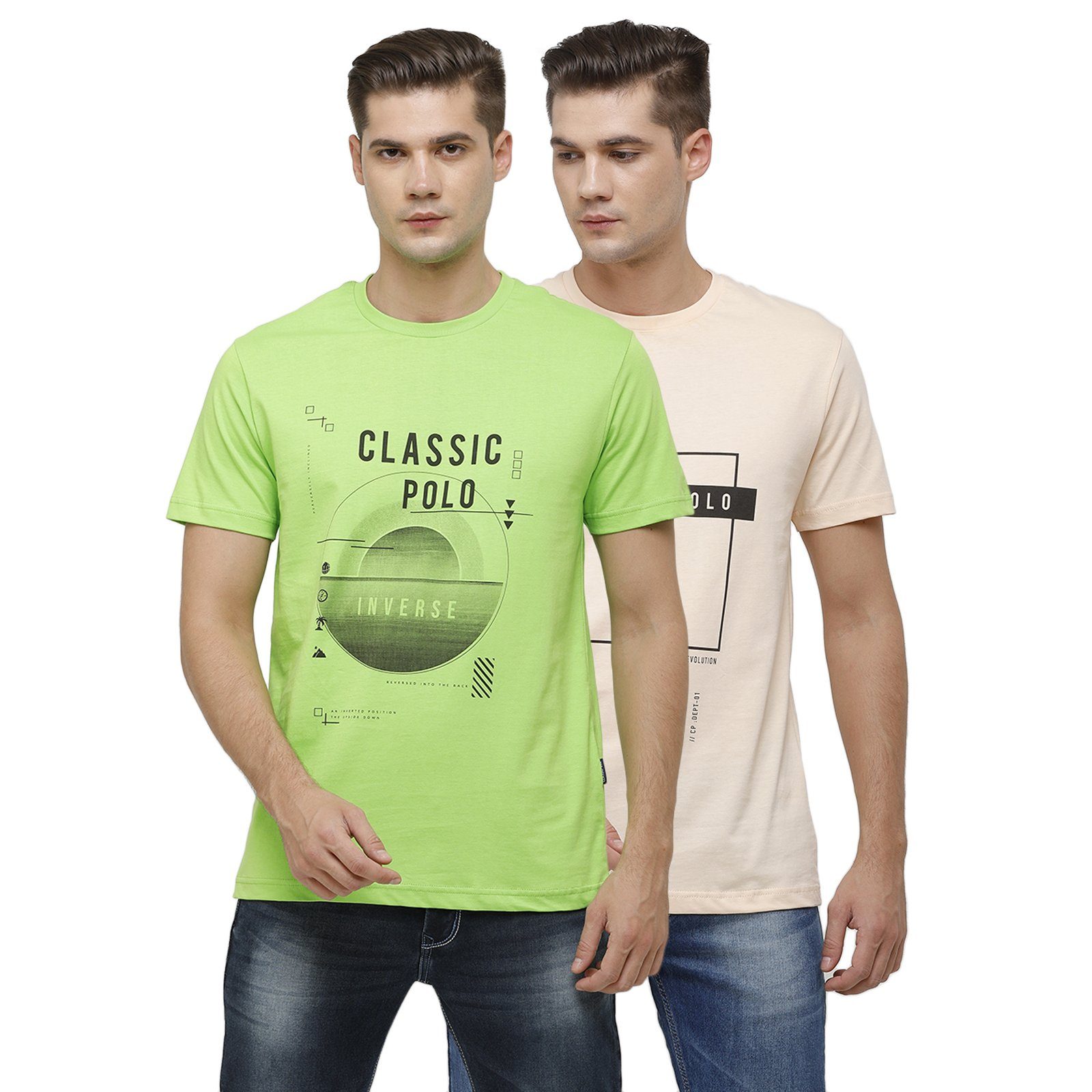 Classic Polo Men's Half Sleeve Crew Neck Peach & Green Slim Fit Single Jersey Pack Of 2 T-shirt Iris - 10 T-shirt Classic Polo 